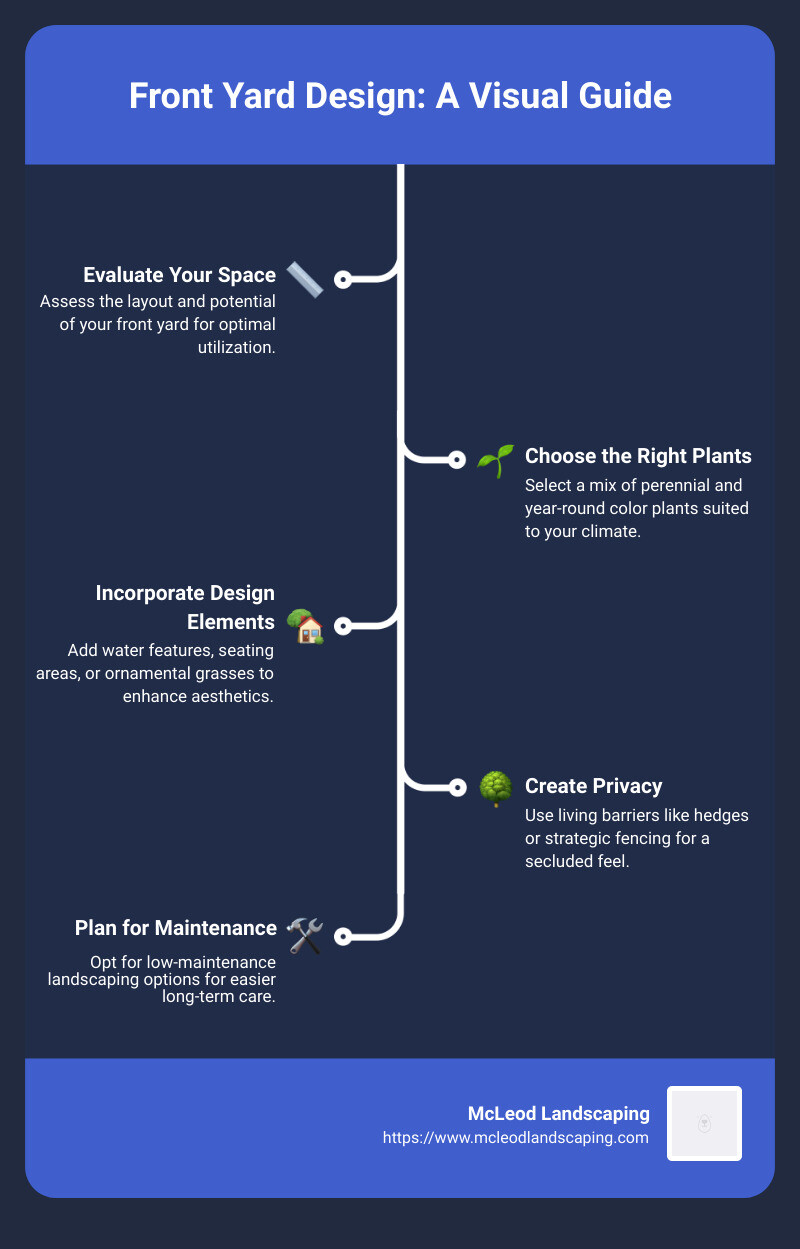 Detailed infographic on the step-by-step process of planning a front yard design, covering everything from initial space evaluation, choosing plant types based on climate, incorporating design elements like water features and lighting, setting up privacy barriers, and tips for low maintenance landscaping. Each step is illustrated with icons for easy understanding and the infographic concludes with a summary checklist for homeowners to review before starting their front yard project. - front yard design infographic infographic-line-5-steps