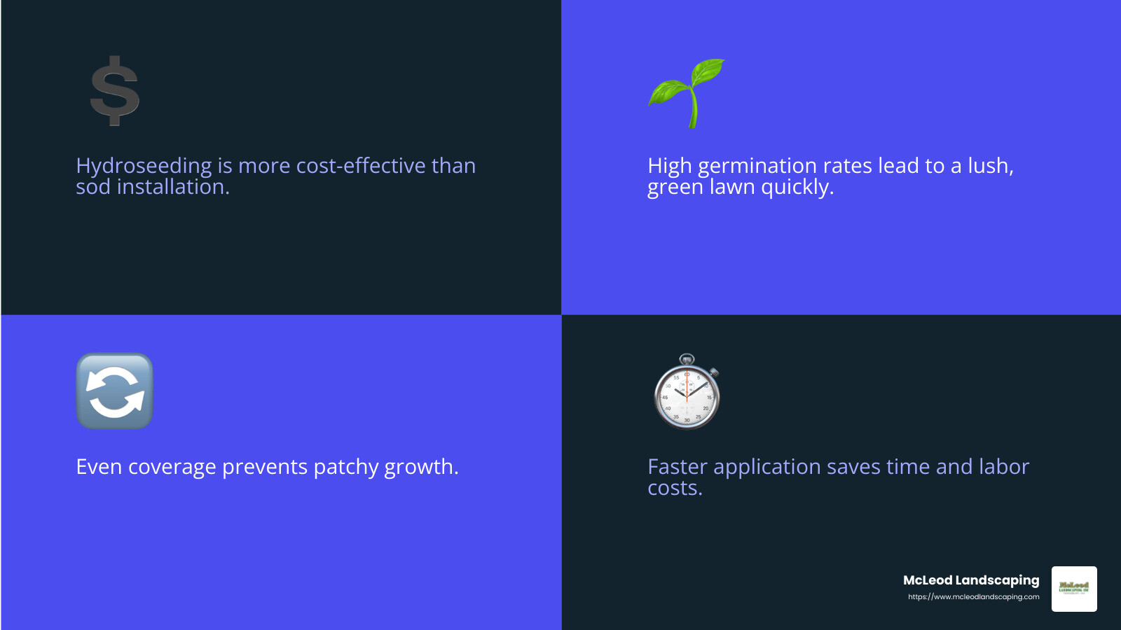 Hydroseeding is far faster, easier, cheaper, and more reliable than traditional methods of sowing grass. - Tender Lawn Care - hydroseeder near me infographic 4_facts_emoji_blue