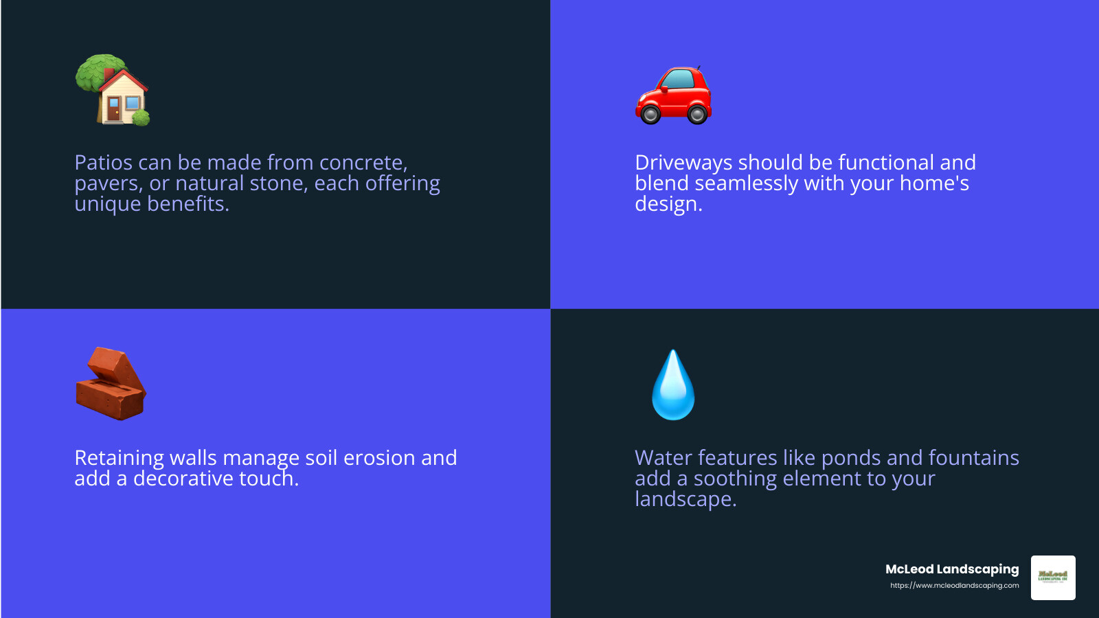 Water features like fountains and ponds can add a soothing element to your landscape - hardscape design services infographic 4_facts_emoji_blue