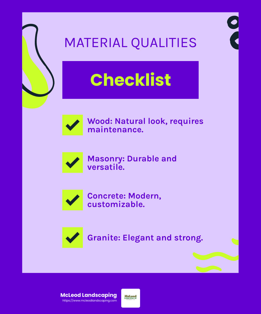 Choosing the right material for your landscaping wall ensures durability and style. - landscaping wall infographic checklist-fun-neon
