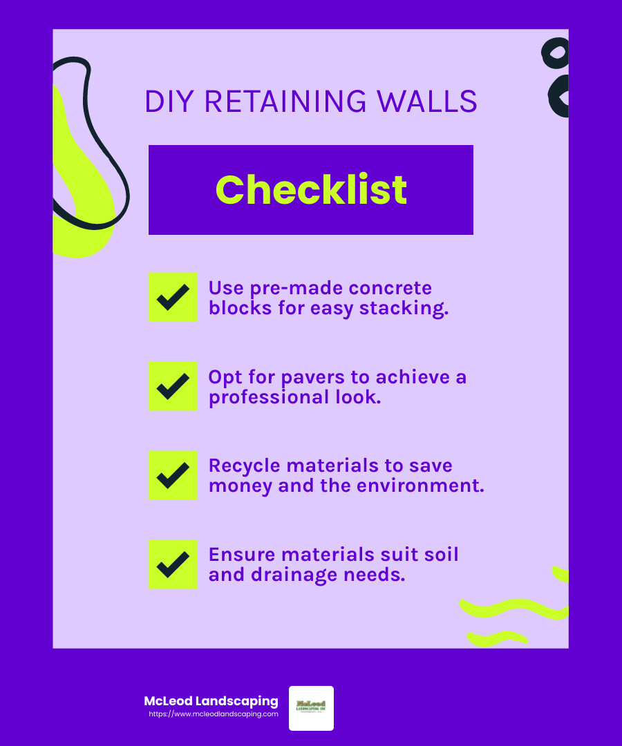 Pre-made concrete blocks are a popular DIY choice for their ease of use and durability. - retaining wall ideas infographic checklist-fun-neon