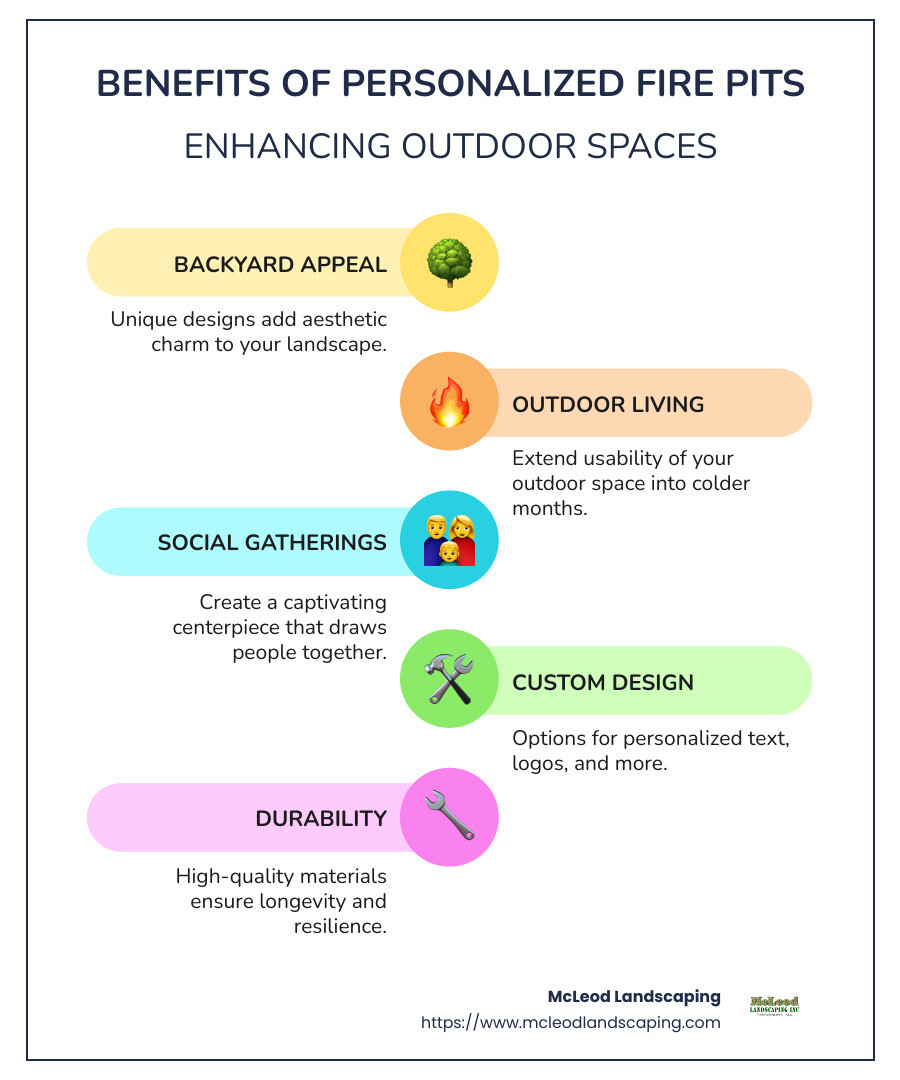 infographic of personalized fire pit benefits and features - personalized fire pit infographic infographic-line-5-steps-colors
