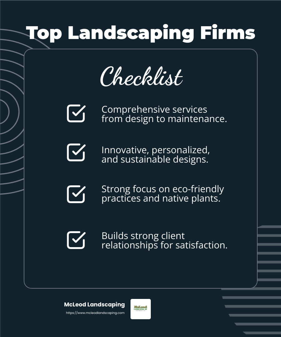 Leading contractors set trends in sustainability and design. - residential landscaping companies infographic checklist-dark-blue