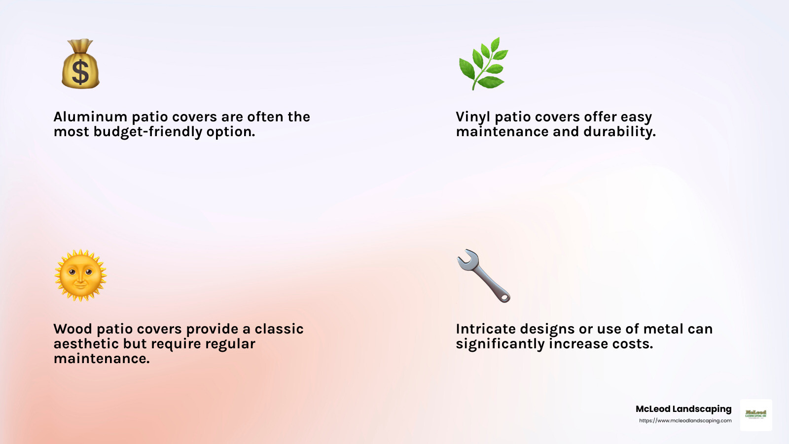 Average costs for patio covers range widely due to materials and complexity, with higher-end designs costing significantly more. - patio cover contractors near me infographic 4_facts_emoji_light-gradient