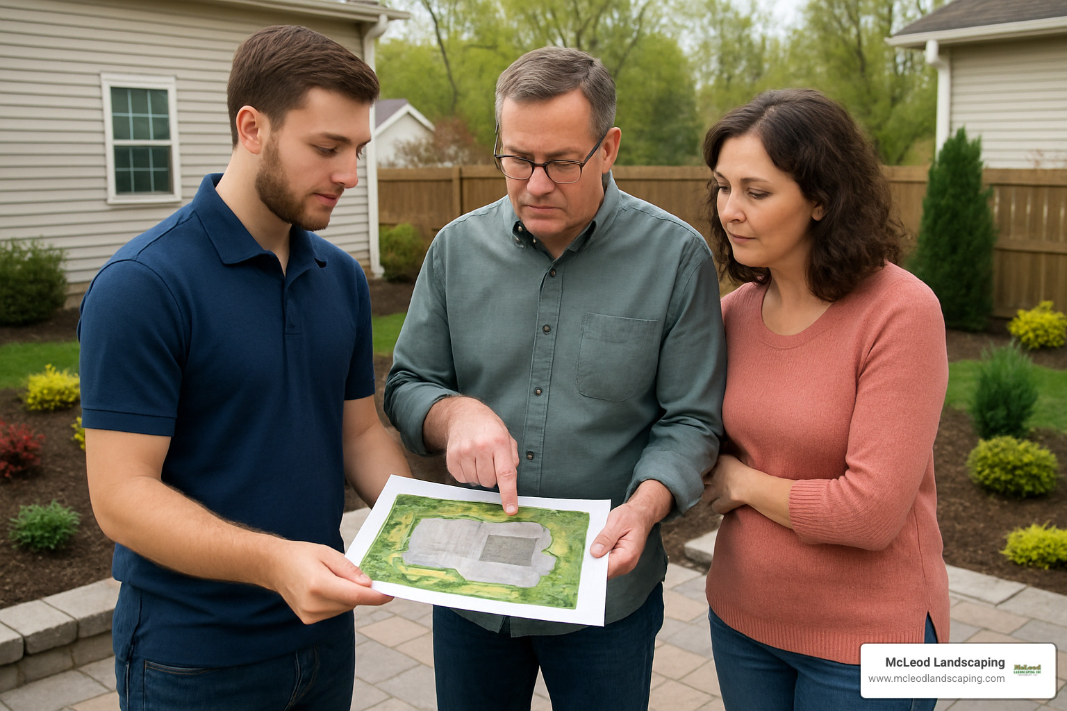 Designer reviewing patio plans with homeowners - backyard patio builders
