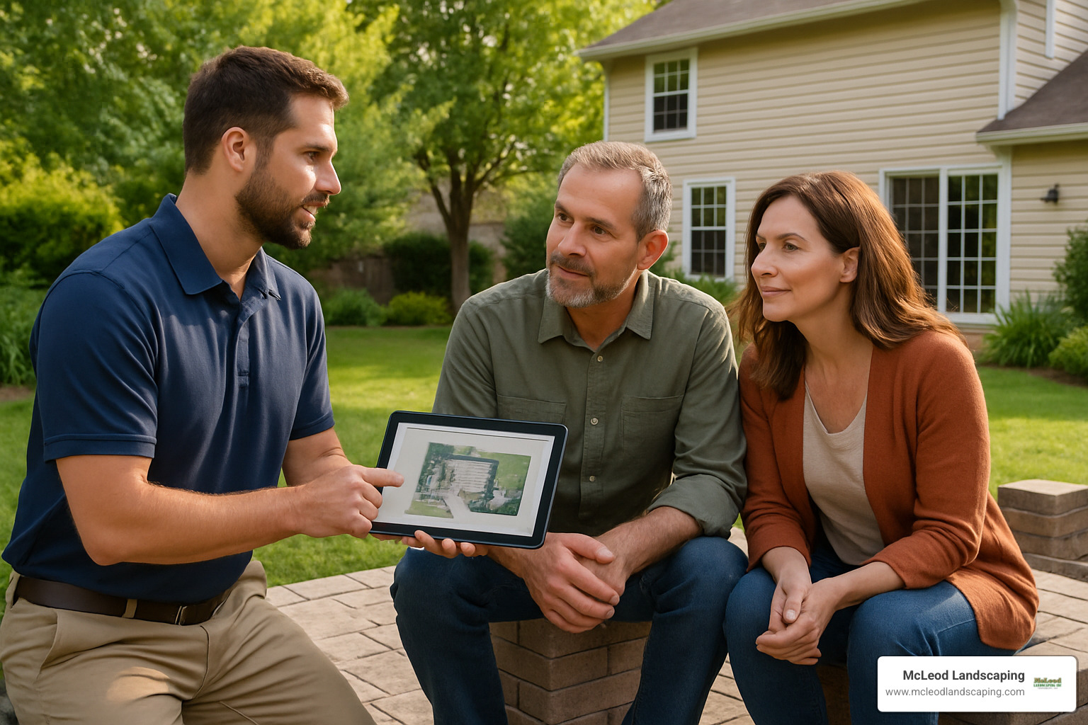 Designer discussing patio plans with homeowners - backyard patio builders