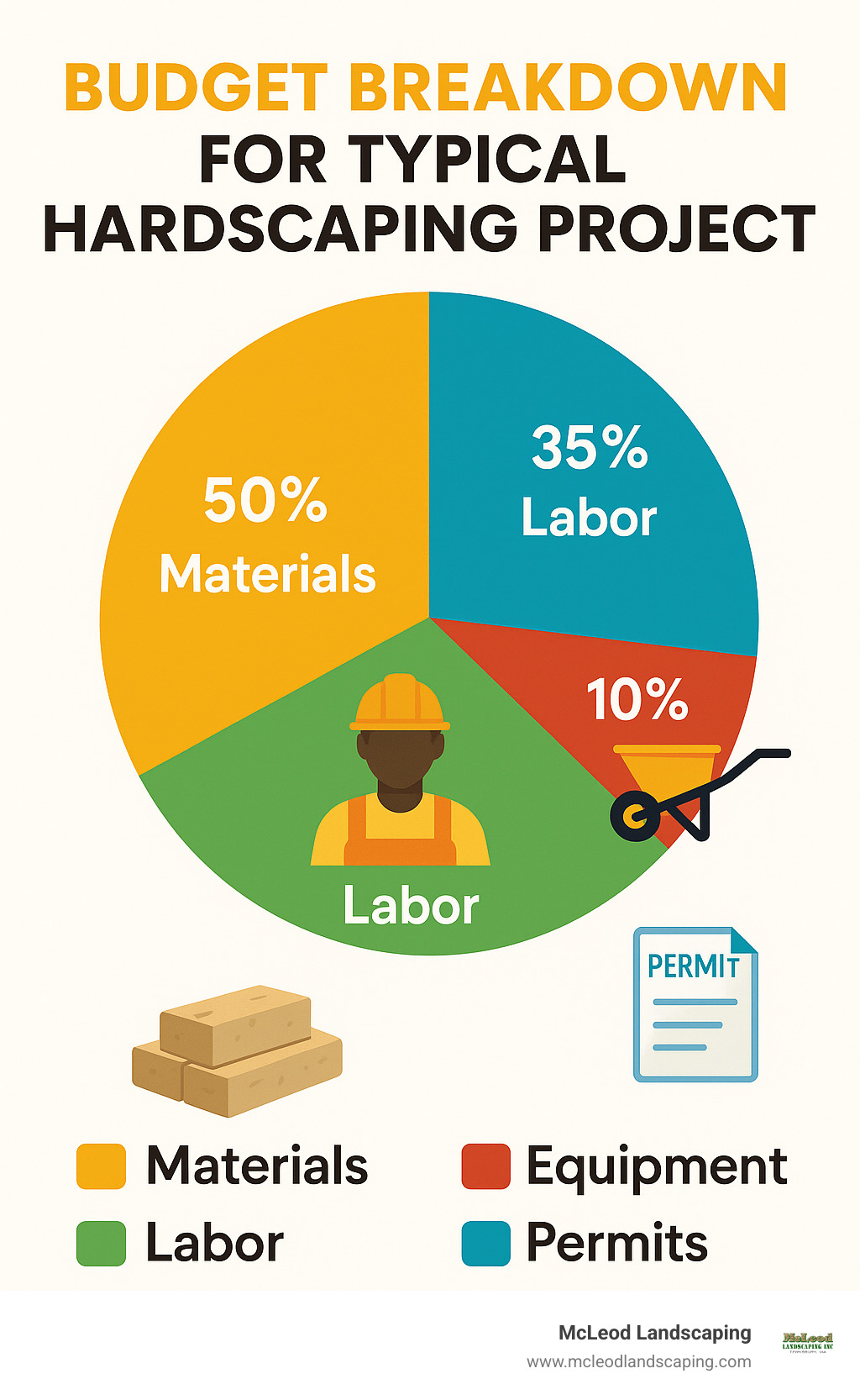 Budget breakdown for typical hardscaping project showing materials, labor, equipment, and permit costs - define hardscaping infographic 