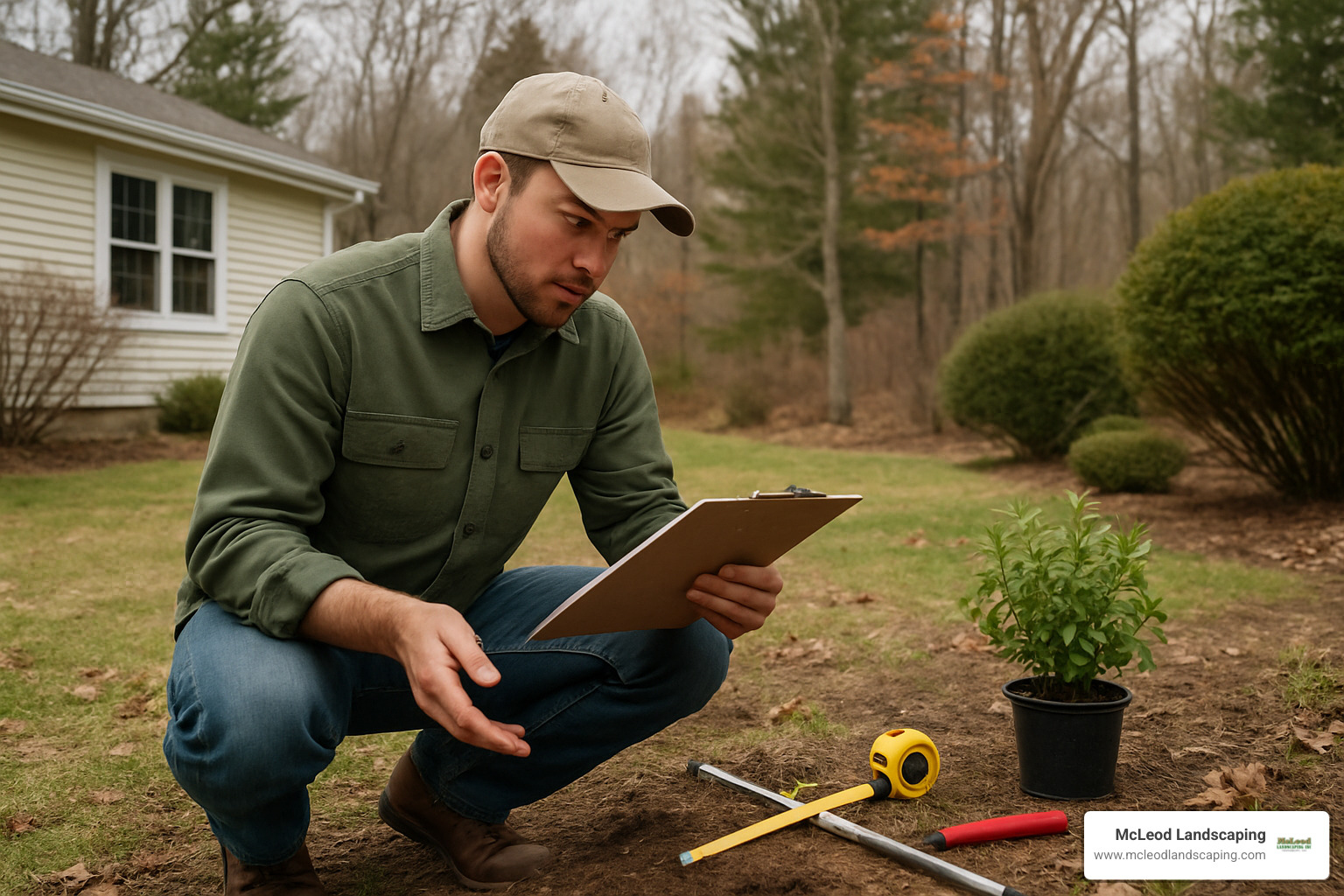 landscape designer analyzing site conditions for softscaping planning - softscaping