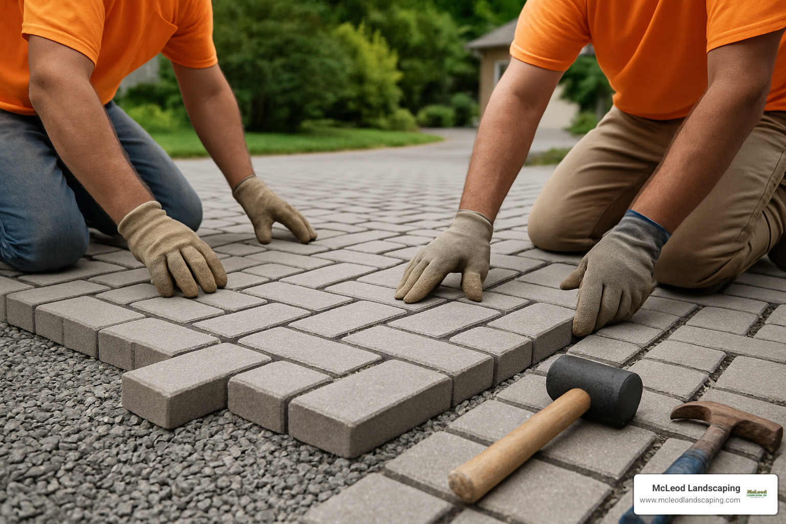 closeup of permeable paver driveway installation - hardscape services
