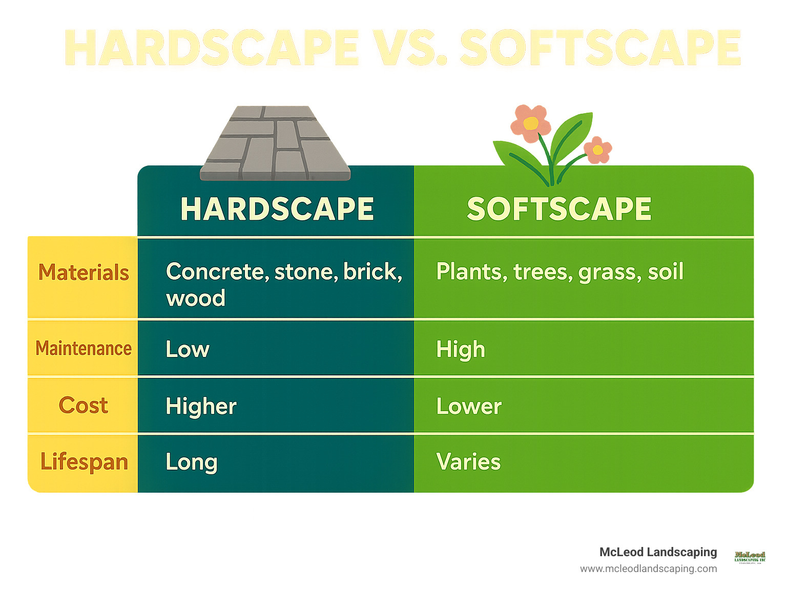 Comparative table showing hardscape versus softscape characteristics including materials, maintenance requirements, costs, and lifespan - definition of hardscape infographic 