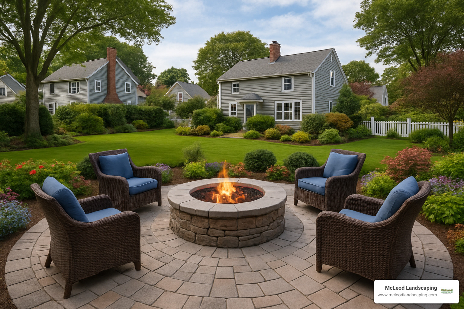 stone paver patio with fire pit - difference between landscape and hardscape