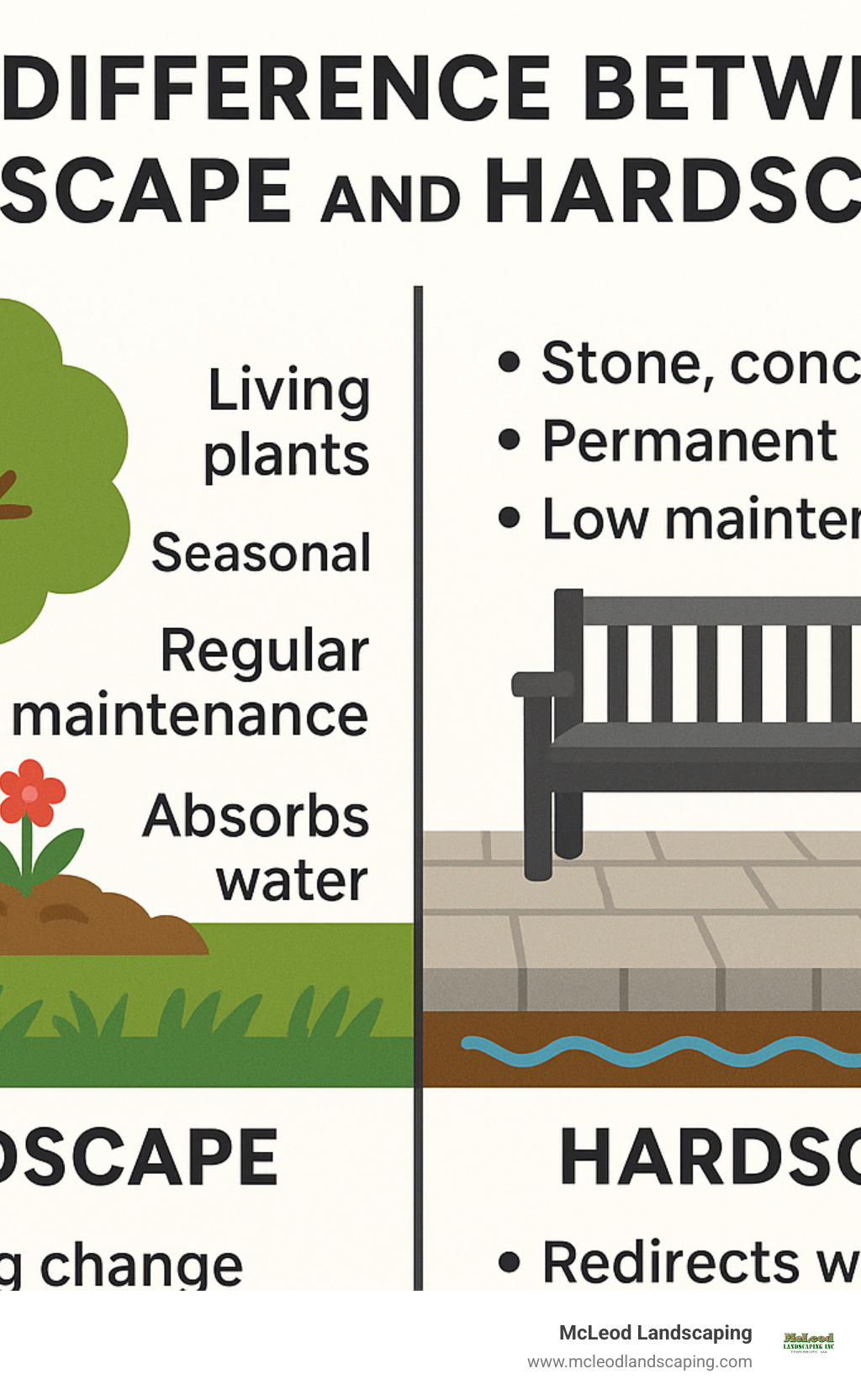 comparison of hardscape patio with surrounding landscape elements - difference between landscape and hardscape infographic 