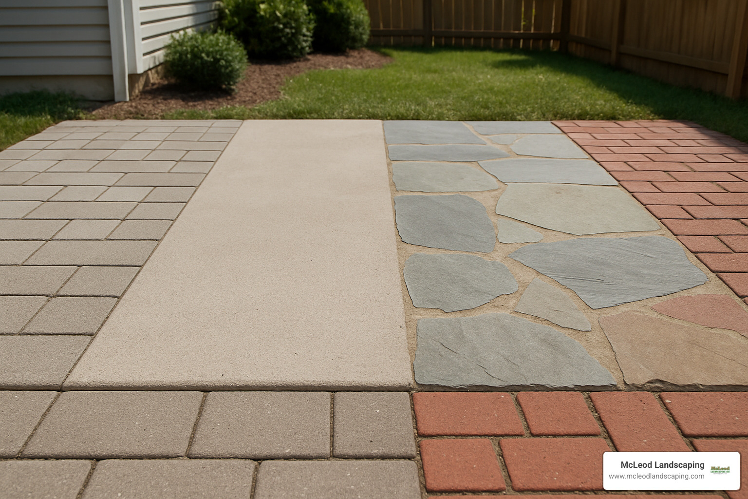 Various patio materials including pavers, concrete, natural stone and brick - Patio Installation Service