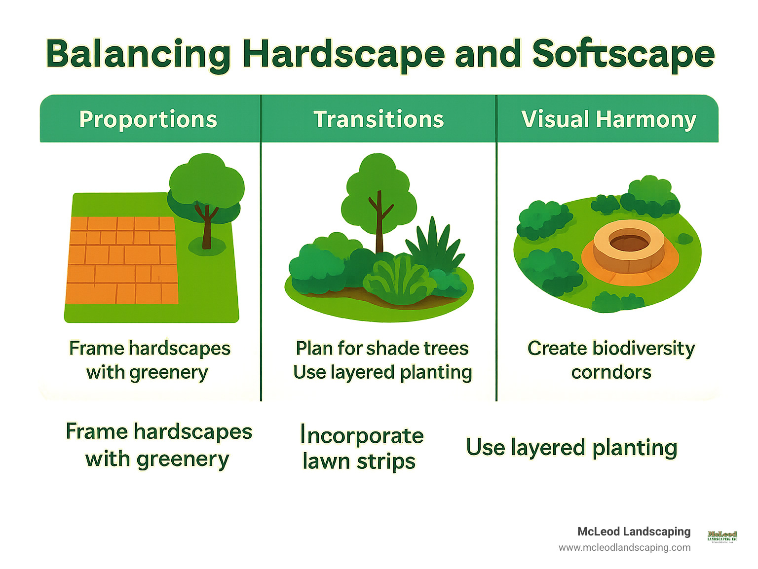 Infographic showing principles of balancing hardscape and softscape elements, including proportions, transitions, and visual harmony - hardscape design infographic 