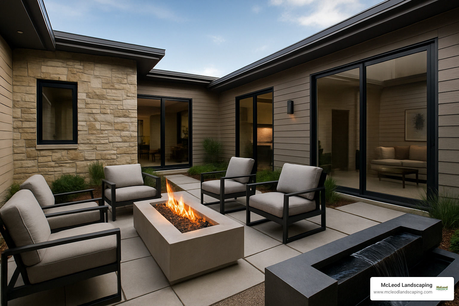 contemporary mixed-material courtyard with fire and water features - hardscape design