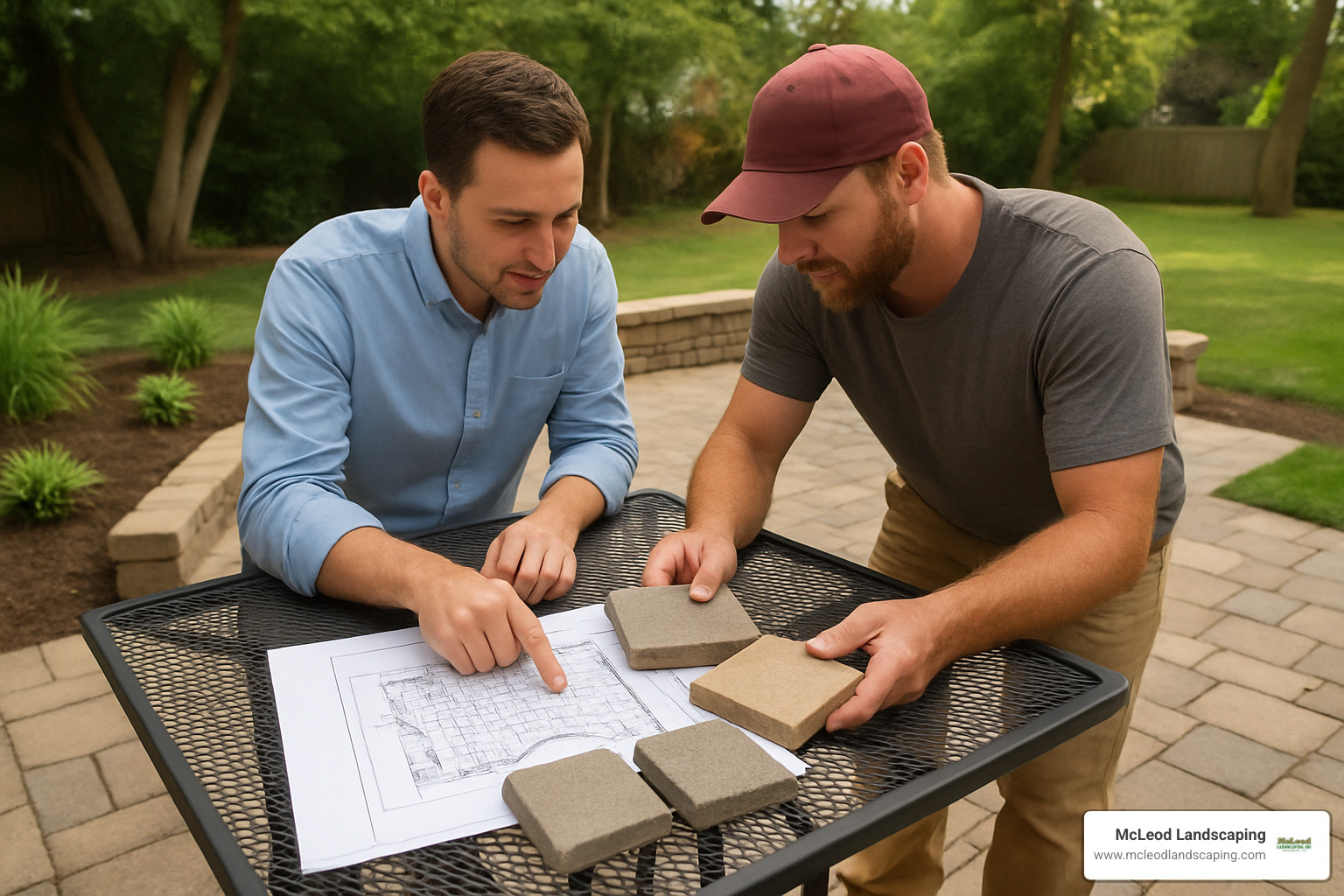 Homeowner consulting with custom patio builder reviewing plans and material samples on outdoor table - Custom Patio Builder