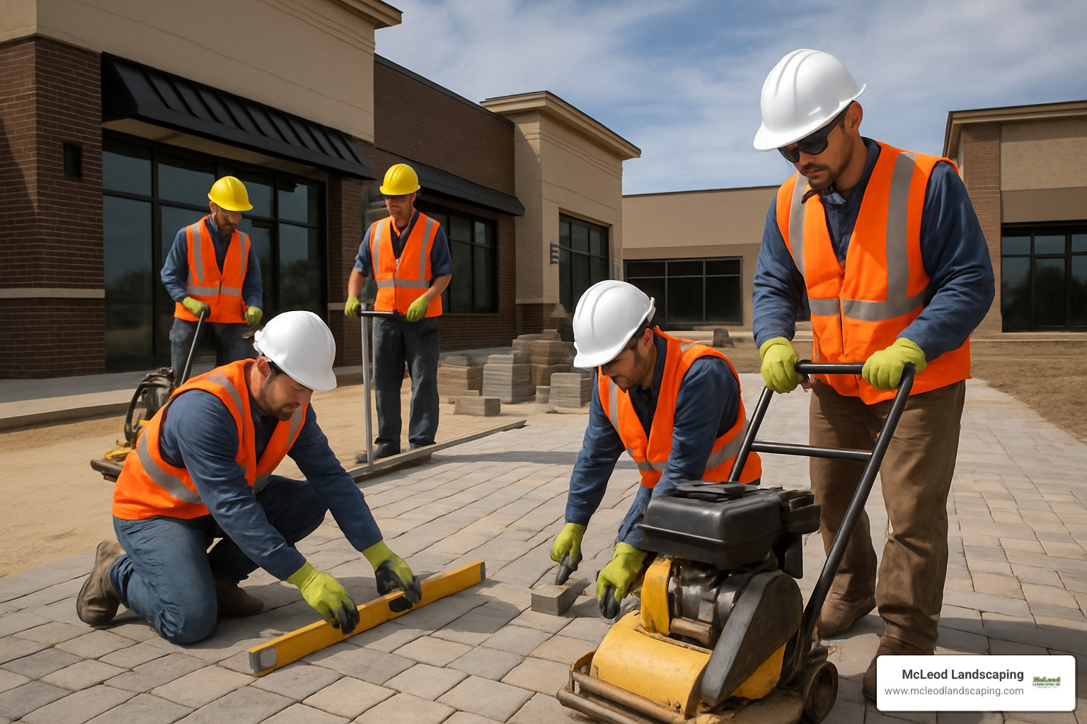 Professional patio contractor team working on commercial installation with proper safety equipment and tools - Patio Contractors