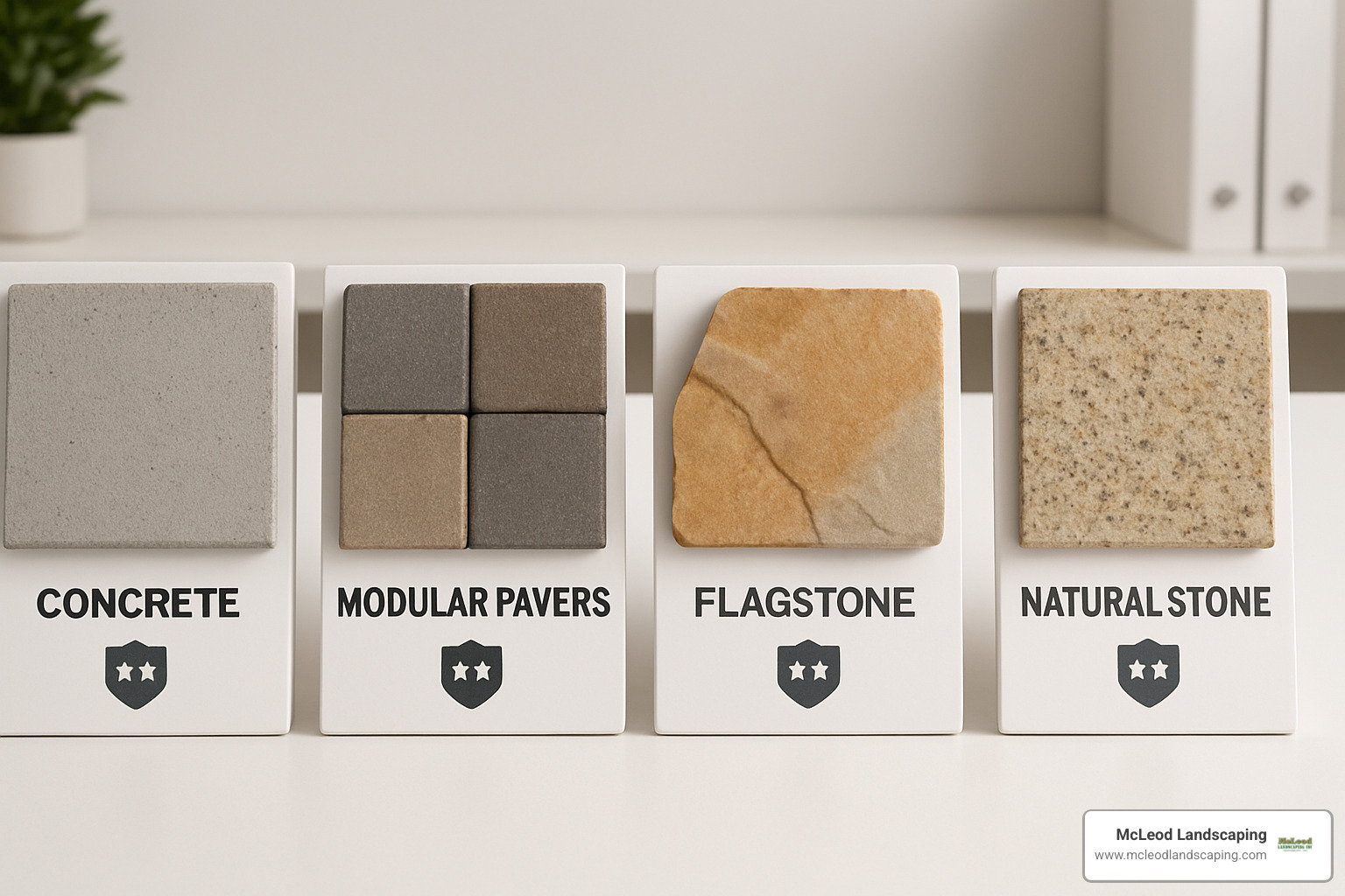 Material samples showing different patio options including concrete, pavers, flagstone, and natural stone with durability ratings - Patio Contractors