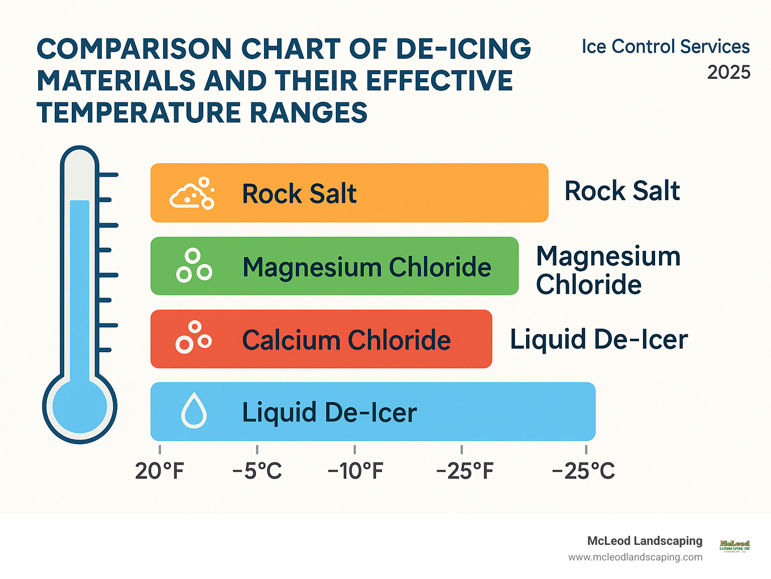 Comparison chart of de-icing materials and their effective temperature ranges - Ice control services infographic 