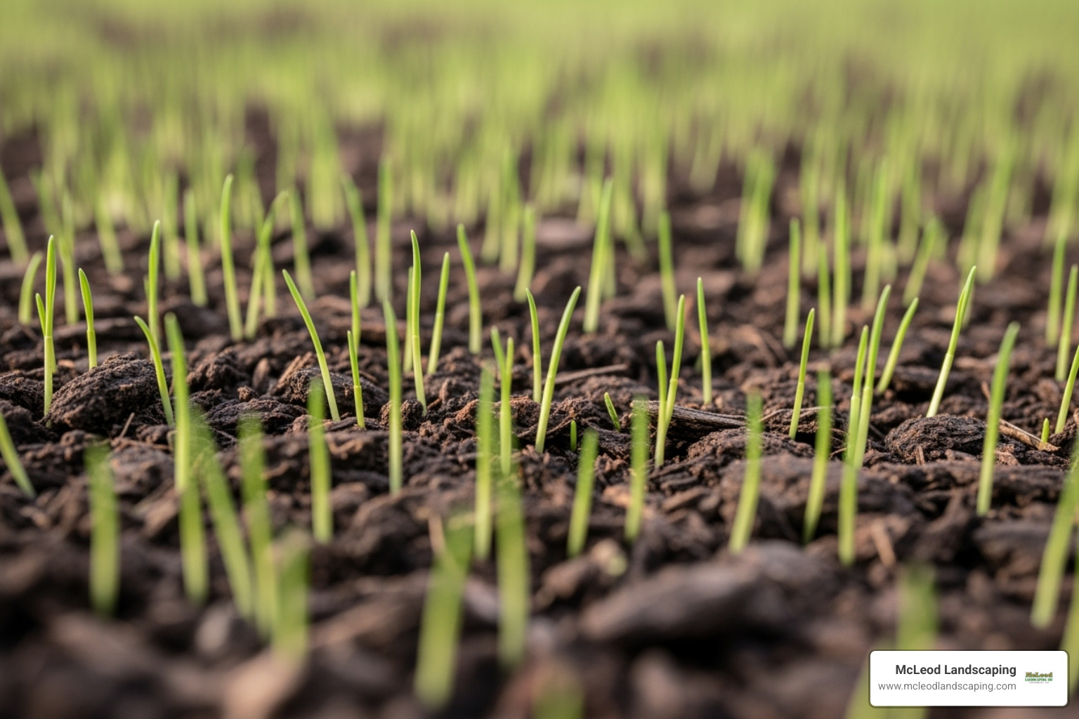 Small green grass sprouts emerging from brown hydroseed mulch covering - Hydroseed Lawn