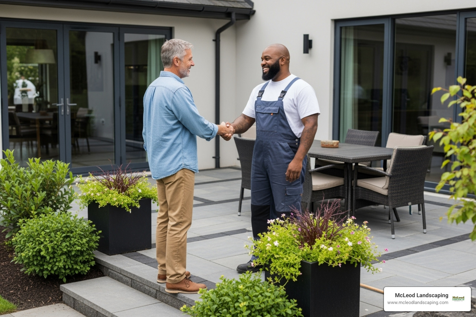 A homeowner shaking hands with a professional landscaper on a finished patio project. - Patio Design Companies