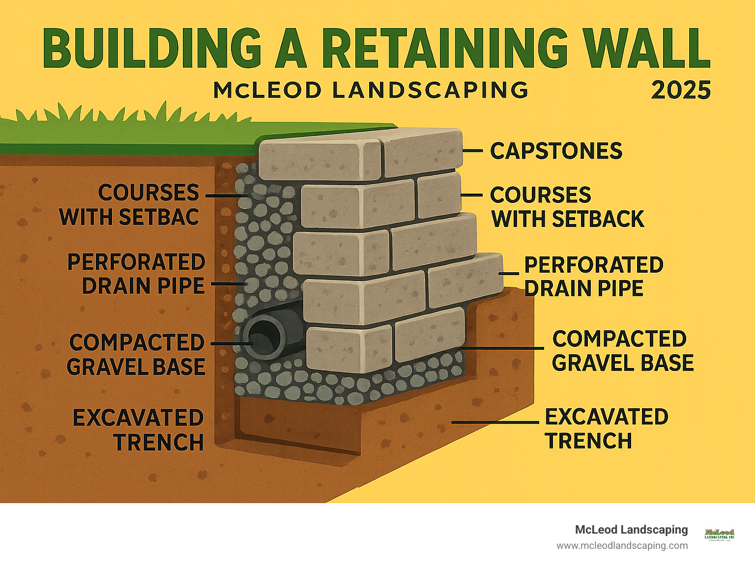 Detailed infographic showing the cross-section anatomy of a properly constructed retaining wall, including the excavated trench, compacted gravel base, first course of blocks partially buried, perforated drain pipe wrapped in landscape fabric, crushed stone backfill, subsequent courses with slight setback, and finished capstones on top - building a retaining wall infographic 
