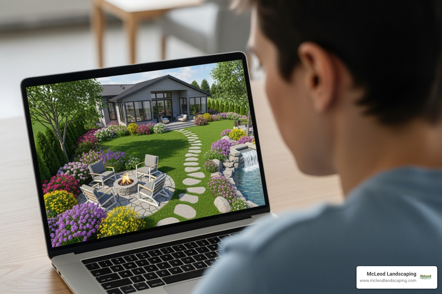 A person on a laptop viewing a 3D landscape rendering of their home, showcasing an online landscape design. - Landscape Designer