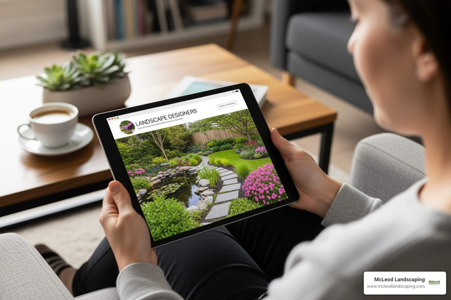 A person reviewing a landscape designer's online portfolio on a tablet, showcasing the vetting process for online designers. - Landscape Designer