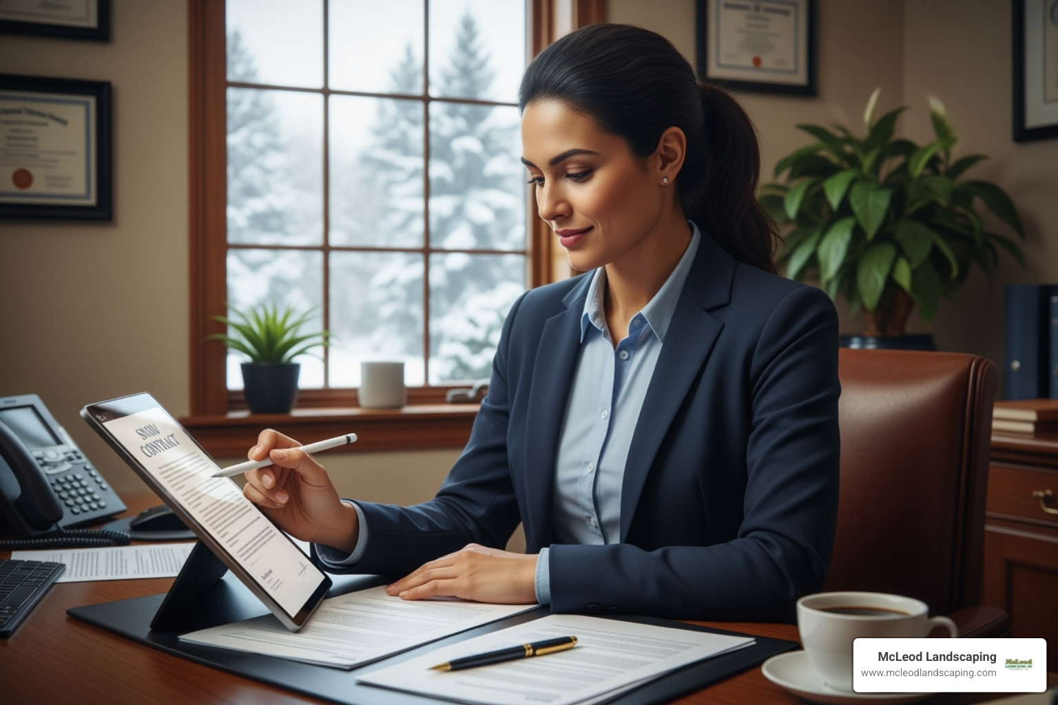 Property manager reviewing a snow removal contract - Parking lot snow removal