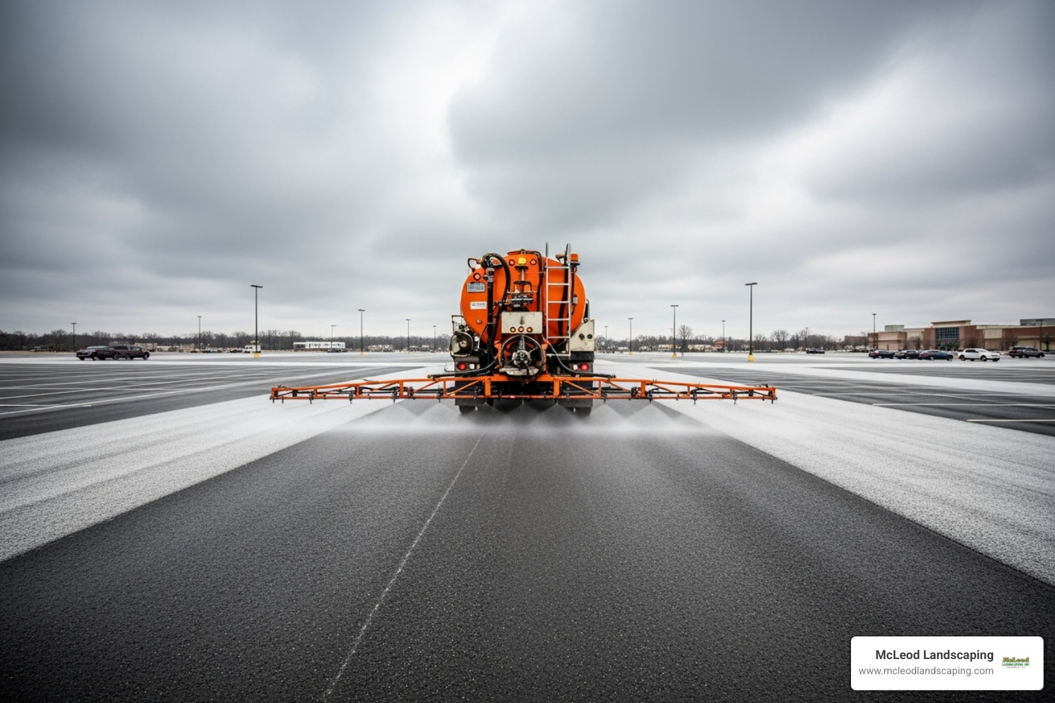 Truck applying liquid brine to a parking lot before a storm - Parking lot snow removal