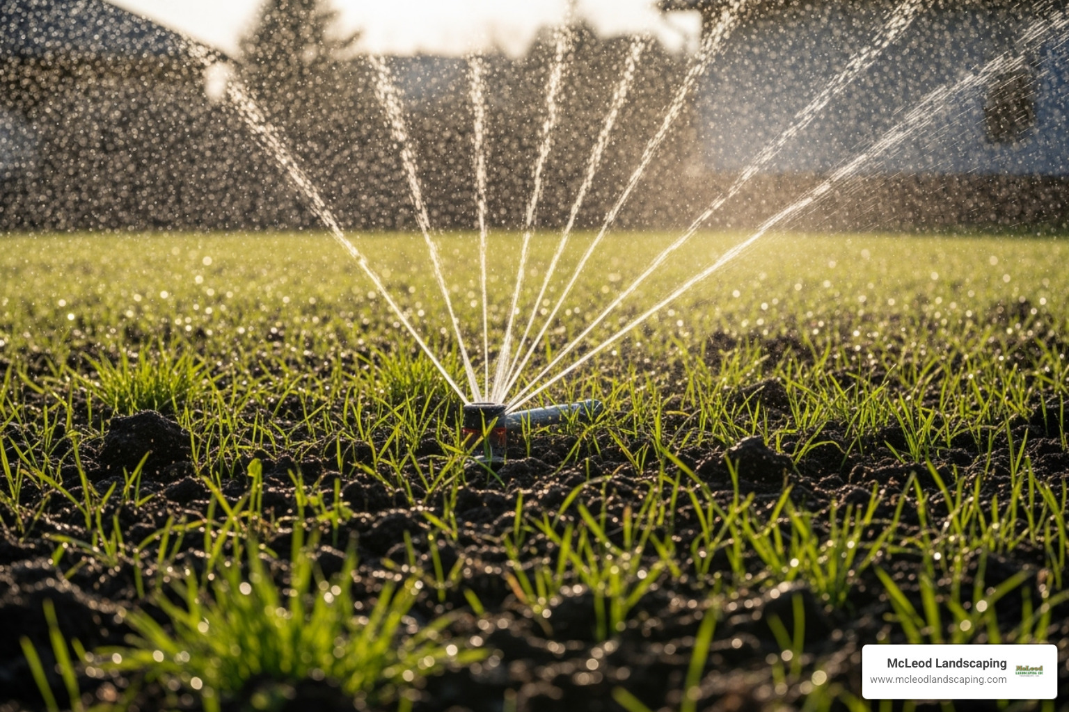 A sprinkler watering a newly sprouting lawn - grass seed installation