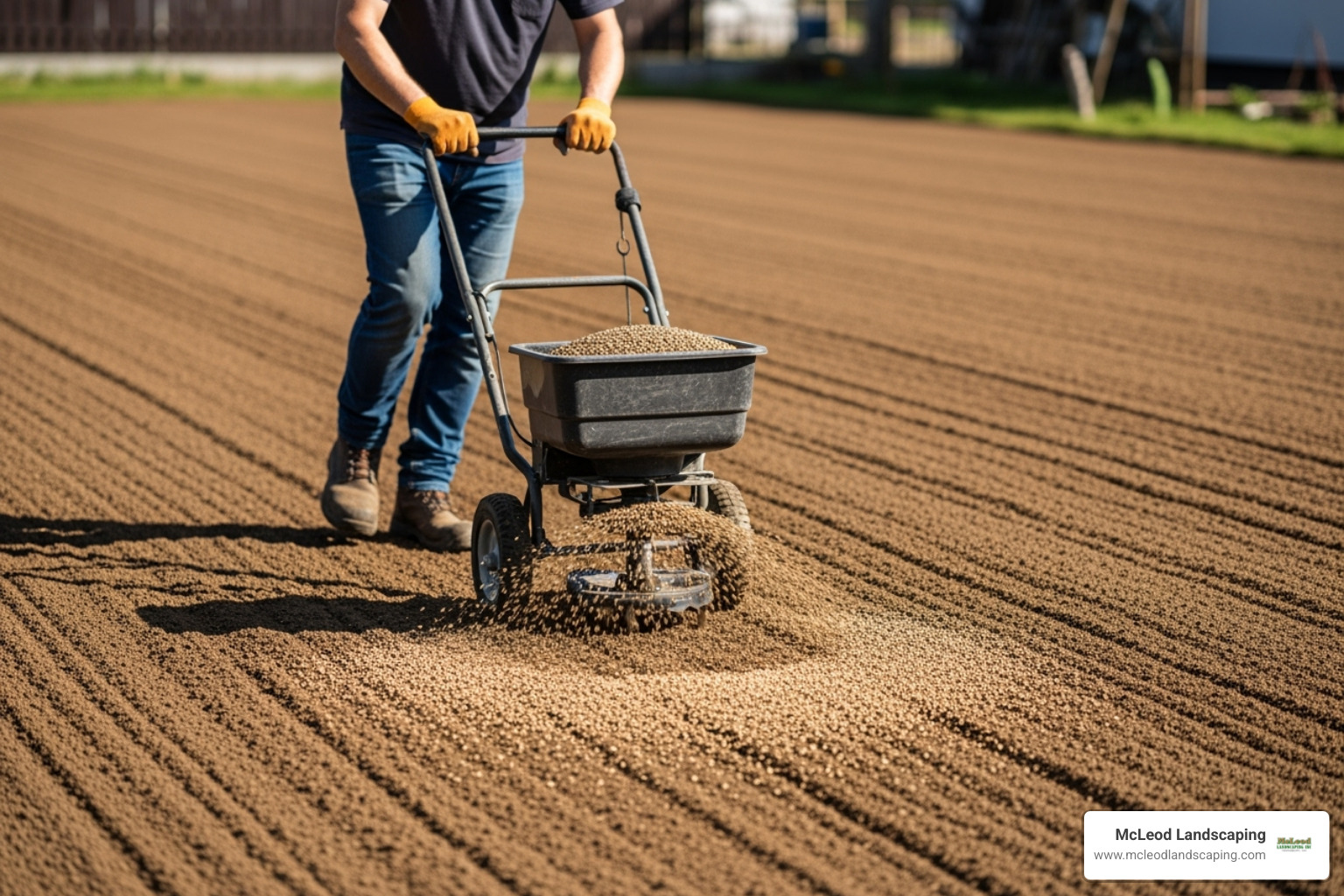 A person using a broadcast spreader on a prepared lawn - grass seed installation