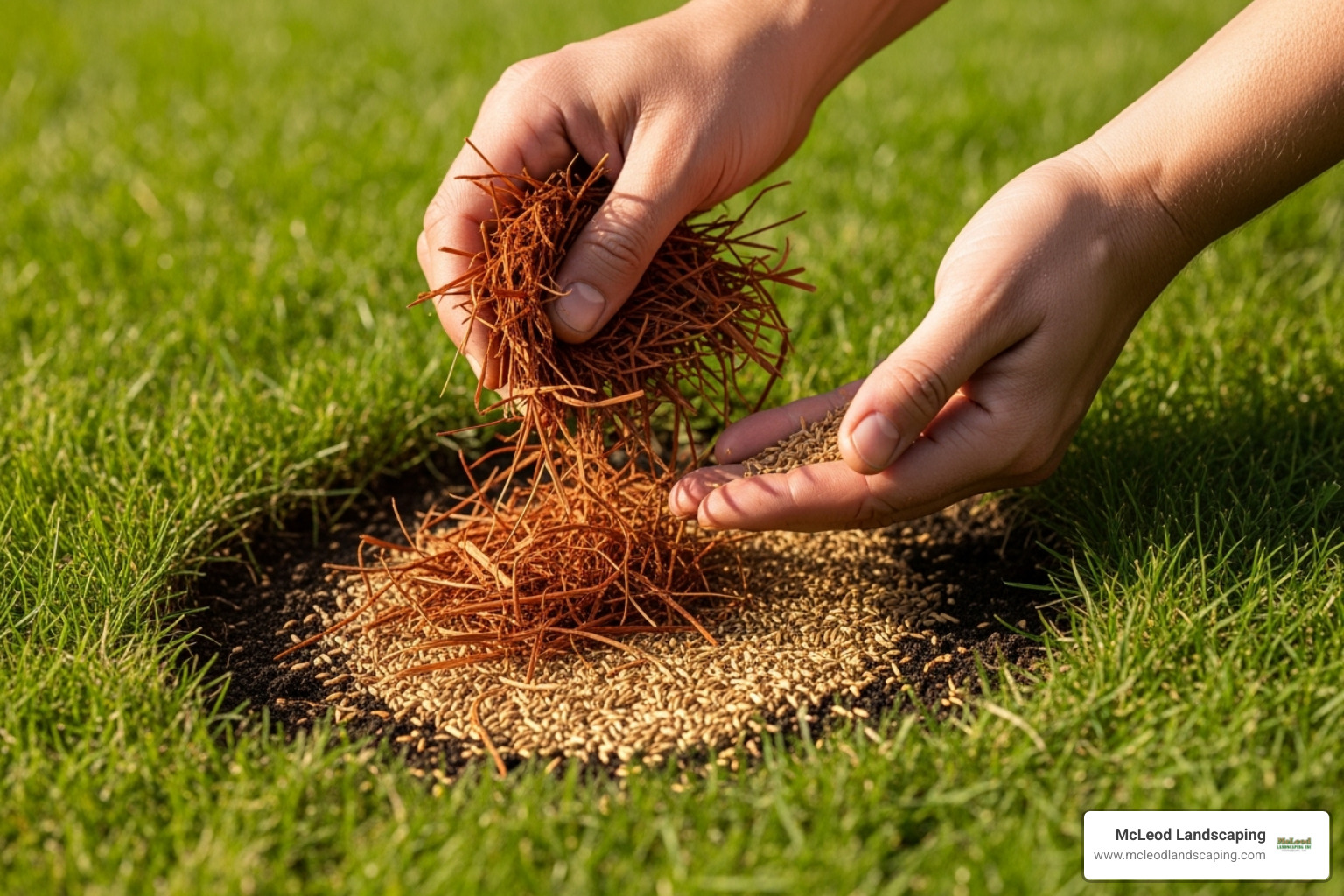 A small bare patch being repaired with seed and mulch - grass seed installation