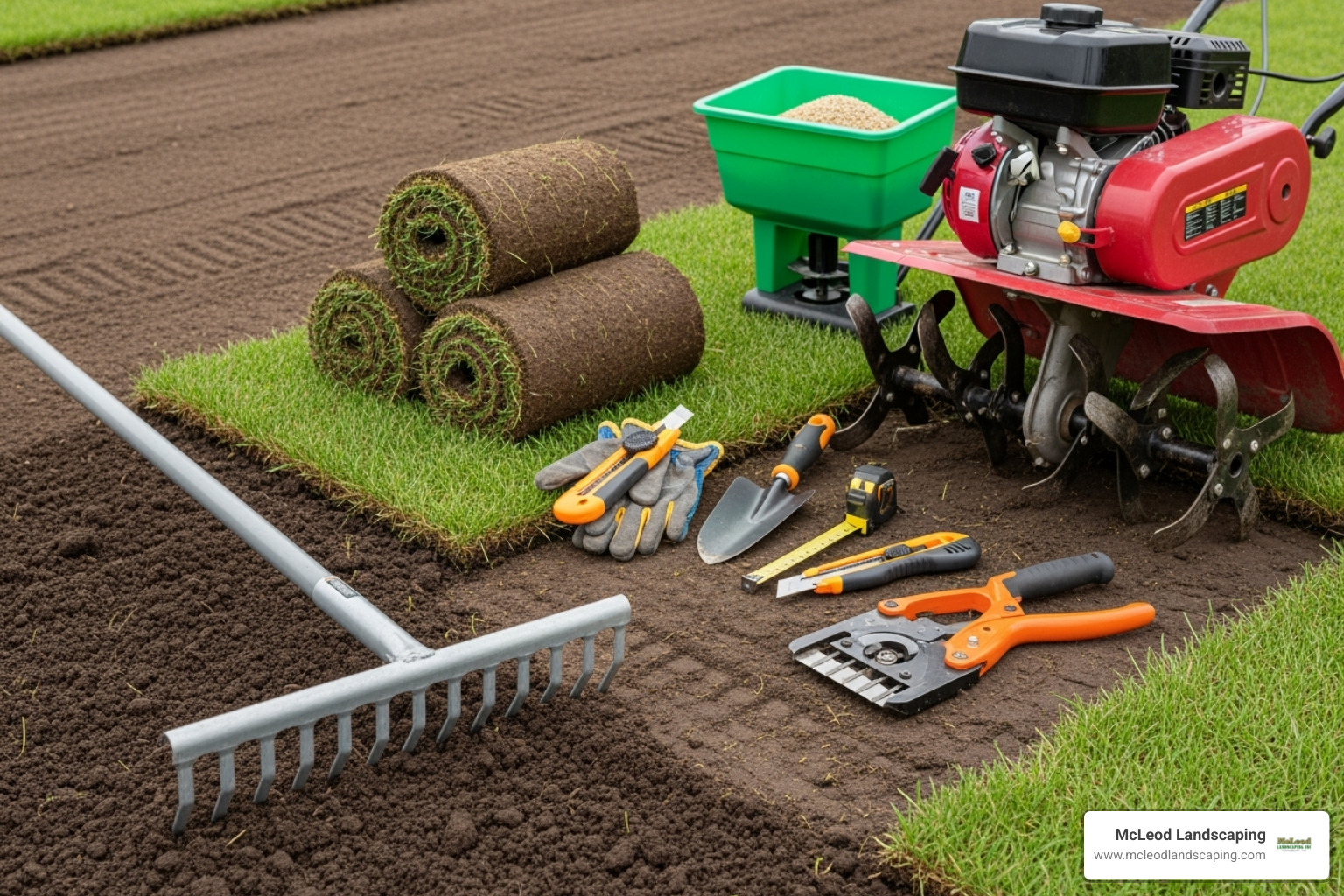 Tools and materials needed for sod installation including a rake, tiller, sod rolls, fertilizer spreader, and cutting tools - installing sod in october