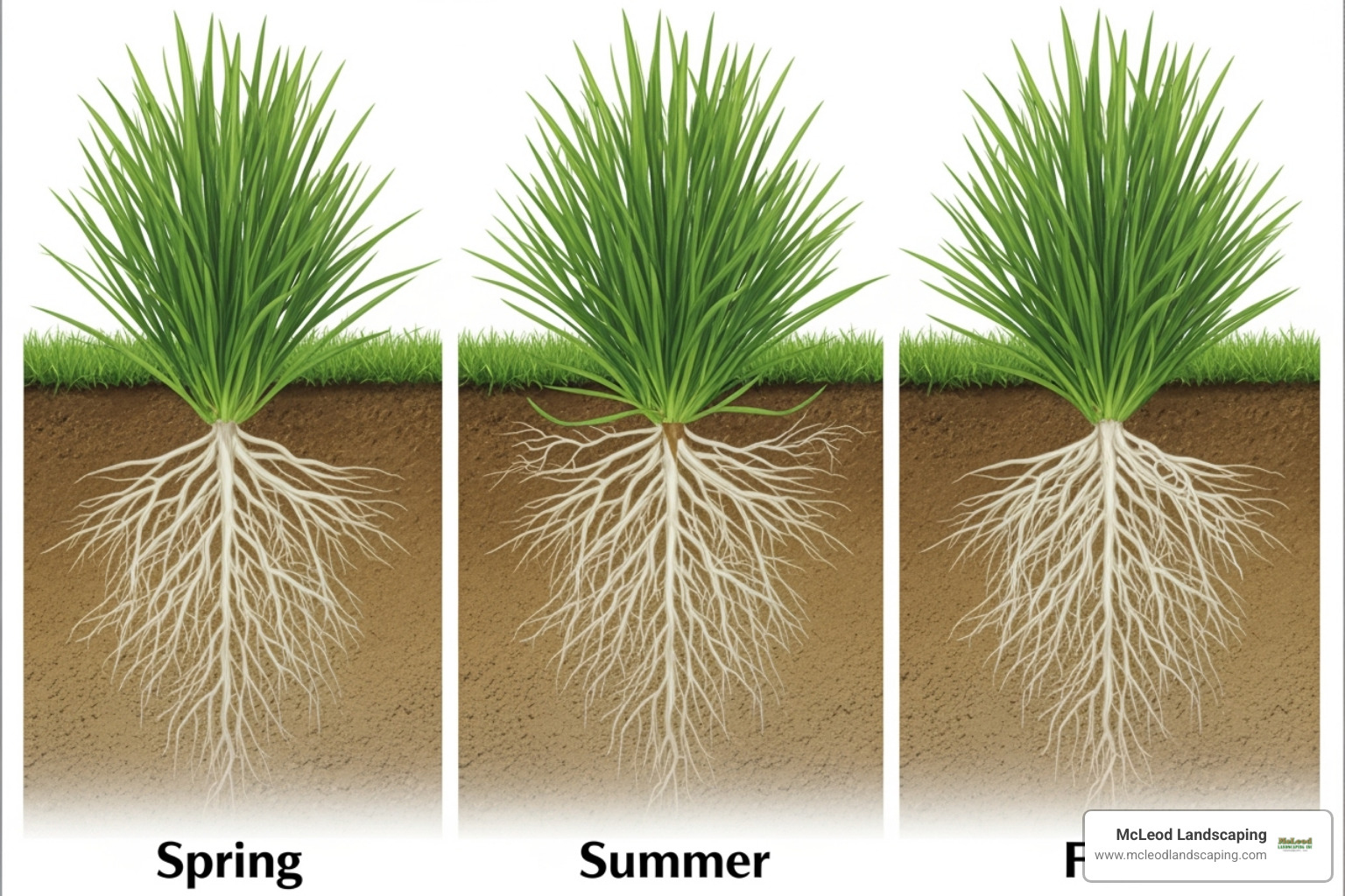 Illustration showing grass root development in different seasons, with fall demonstrating deeper, more extensive root growth compared to spring and summer - installing sod in october