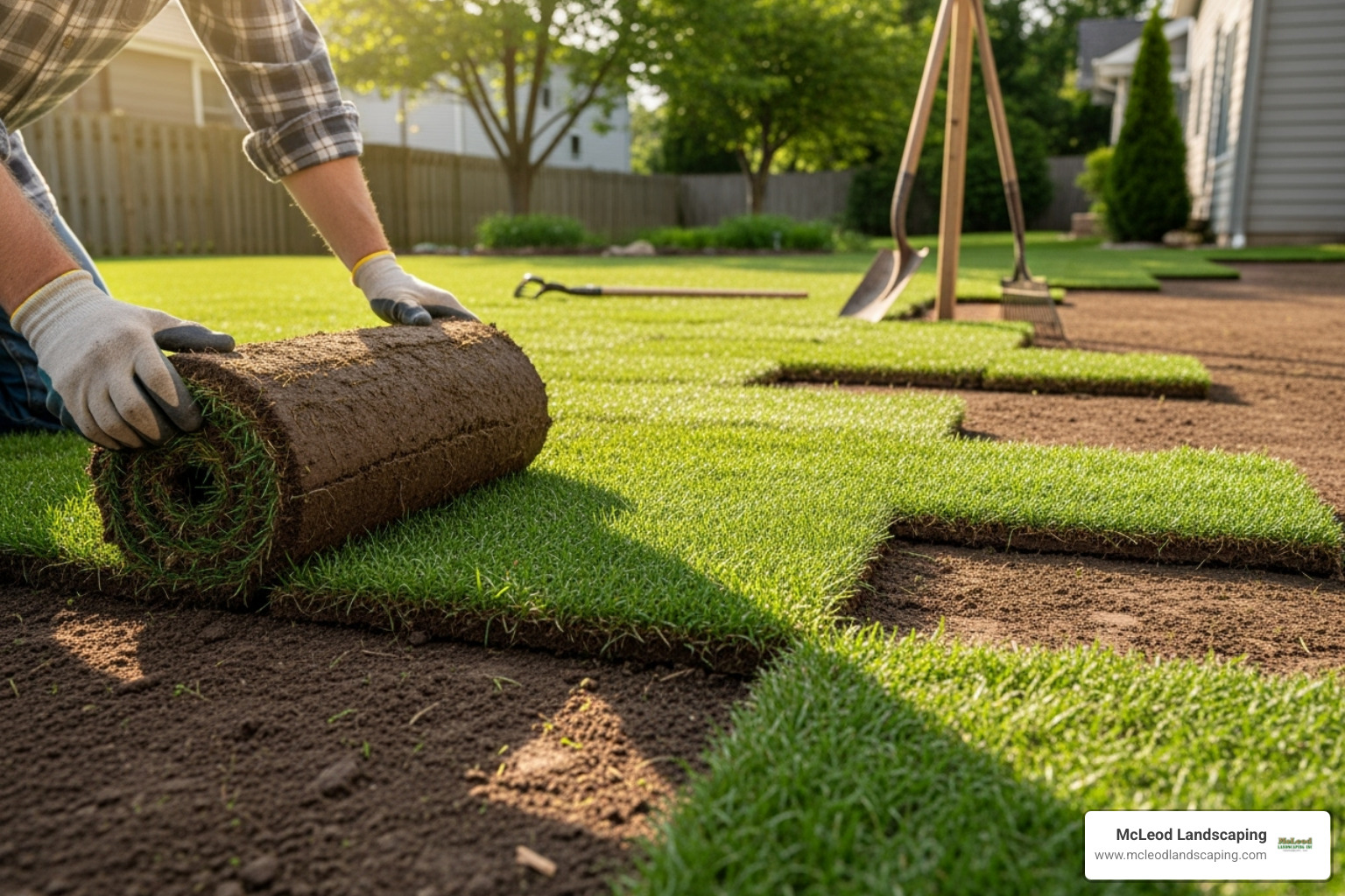 Sod being laid in a staggered, brick-like pattern on a prepared lawn area - installing sod in october