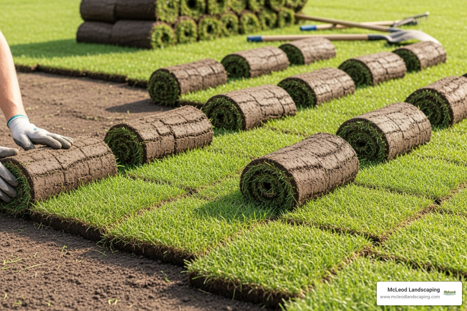 Sod rolls being laid in a staggered, brick-like pattern - installing sod in spring