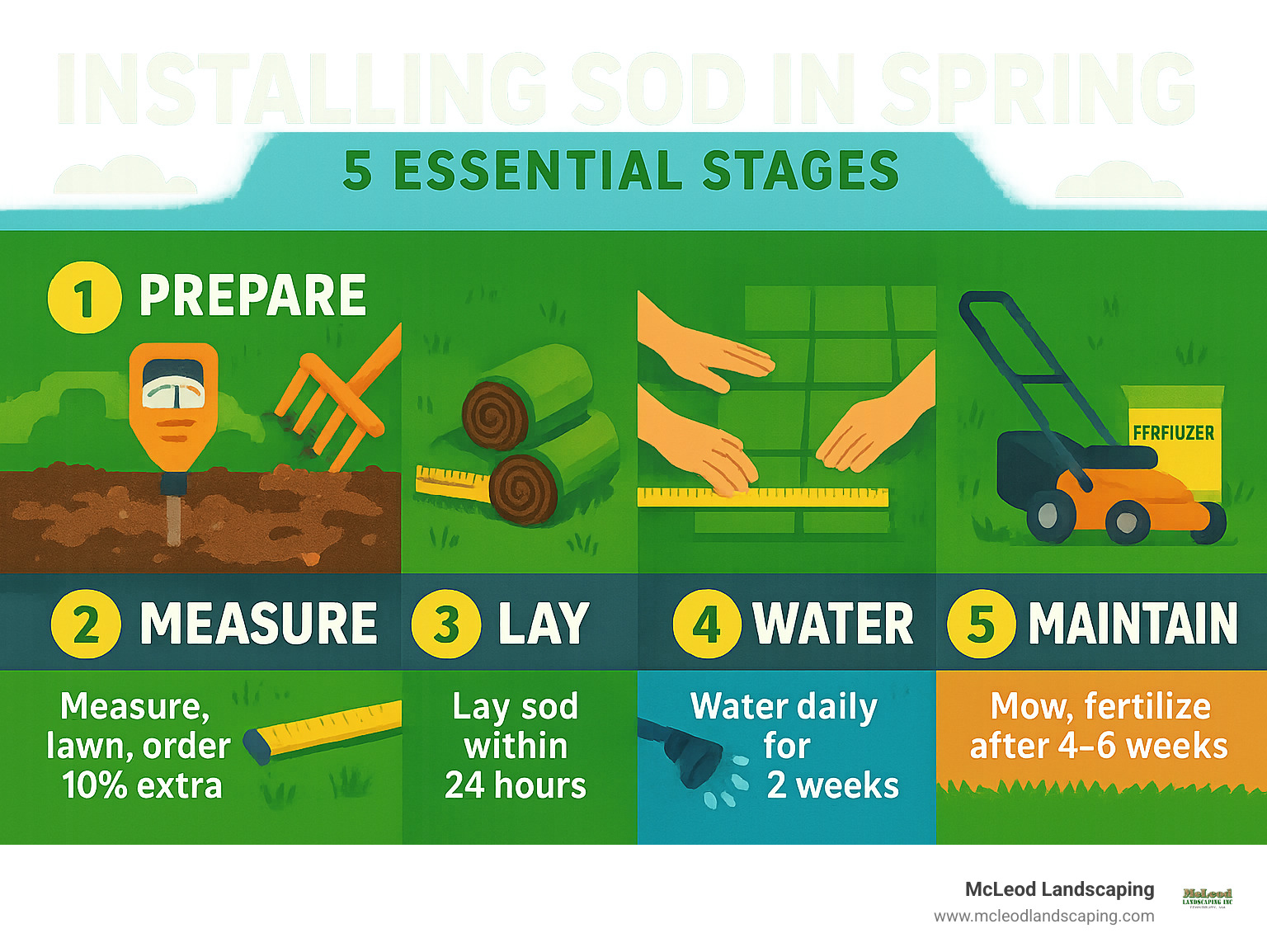 Infographic showing the 5 essential stages of spring sod installation: Stage 1 - Prepare soil by testing pH and removing old grass, Stage 2 - Measure lawn area and order 10% extra sod, Stage 3 - Lay sod in brick pattern within 24 hours of delivery, Stage 4 - Water daily for first 2 weeks keeping soil moist 3-4 inches deep, Stage 5 - Maintain with first mow at 3-4 inches and fertilize after 4-6 weeks - installing sod in spring infographic Infographic showing the 5 essential stages of spring sod installation: Stage 1 - Prepare soil by testing pH and removing old grass, Stage 2 - Measure lawn area and order 10% extra sod, Stage 3 - Lay sod in brick pattern within 24 hours of delivery, Stage 4 - Water daily for first 2 weeks keeping soil moist 3-4 inches deep, Stage 5 - Maintain with first mow at 3-4 inches and fertilize after 4-6 weeks - installing sod in spring infographic