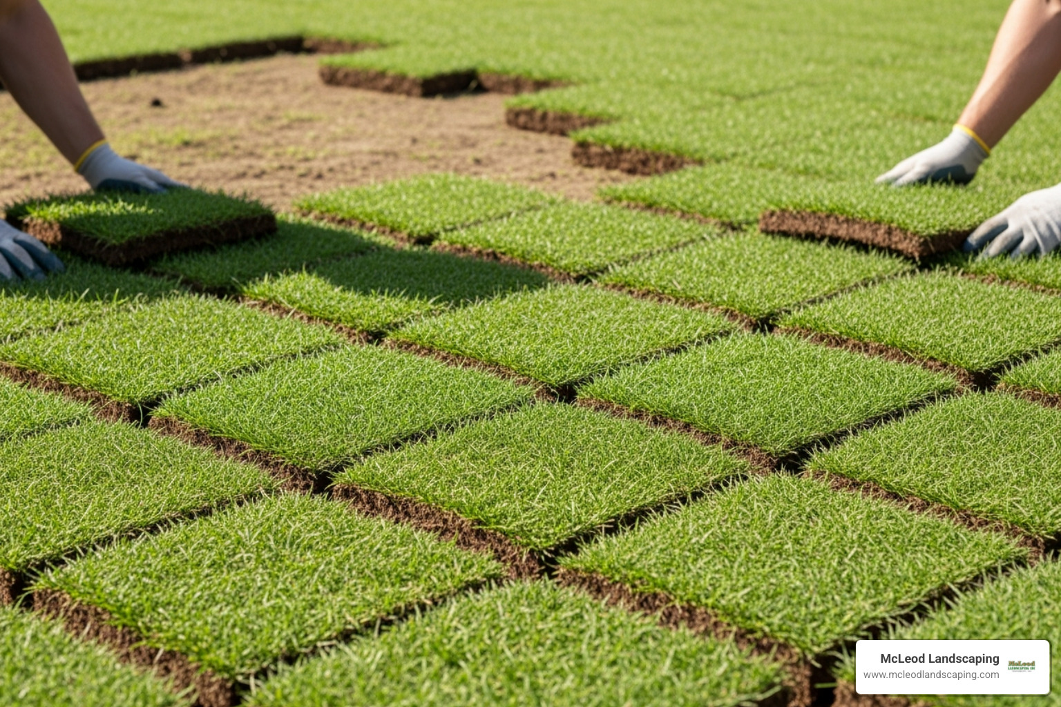 Sod pieces being laid tightly together in a brick-like pattern - installing zoysia sod