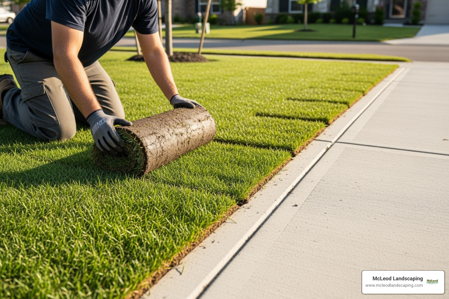 Sod being unrolled along a straight driveway edge - sodding a yard