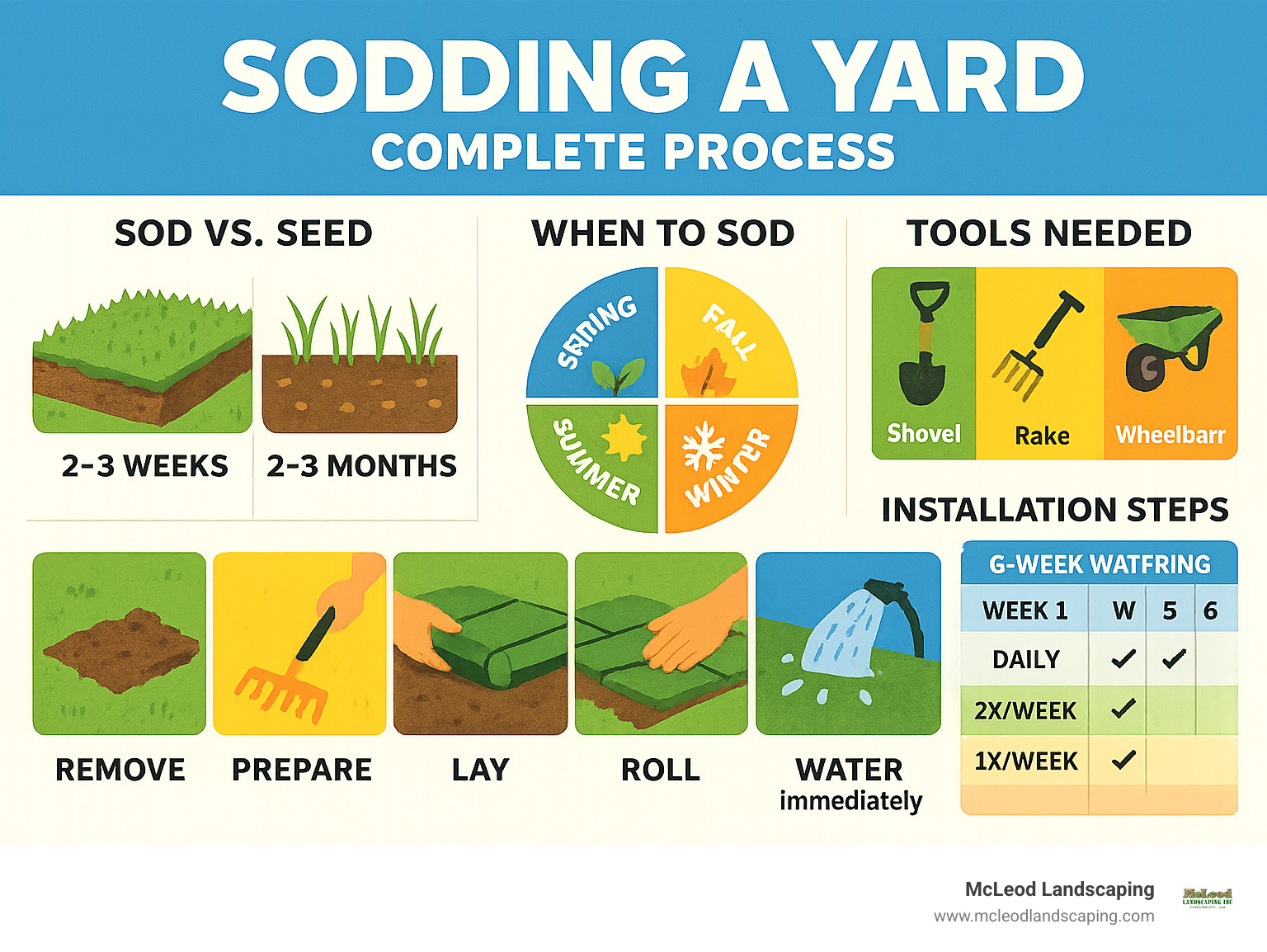 Comprehensive infographic showing the complete sodding process from soil preparation through establishment, including timeline comparisons between sod vs seed, seasonal timing recommendations, essential tools checklist, and step-by-step installation sequence with watering schedule for the first 6 weeks - sodding a yard infographic Comprehensive infographic showing the complete sodding process from soil preparation through establishment, including timeline comparisons between sod vs seed, seasonal timing recommendations, essential tools checklist, and step-by-step installation sequence with watering schedule for the first 6 weeks - sodding a yard infographic
