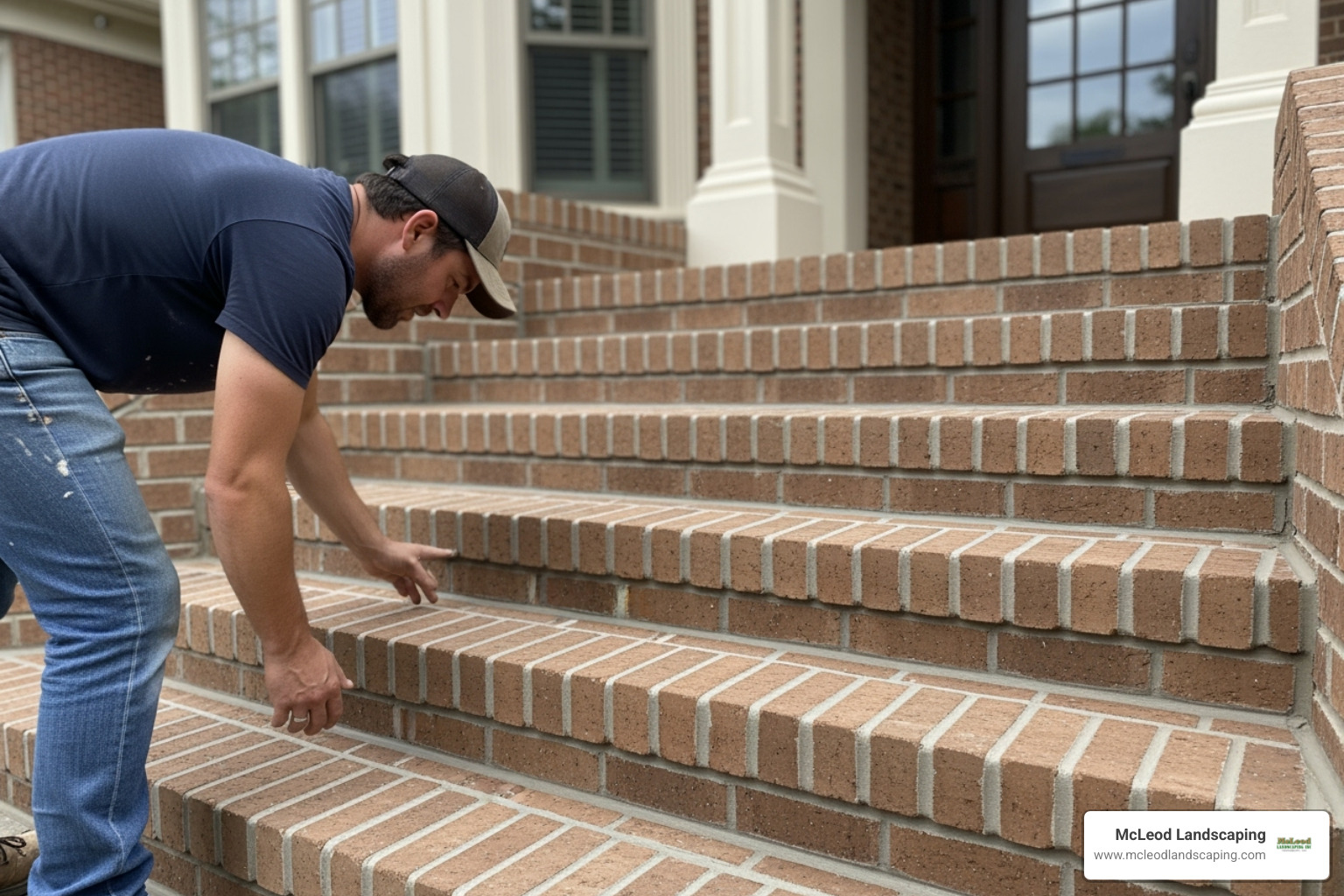 homeowner inspecting newly repointed and sealed brick stairs - how to repoint brick stairs