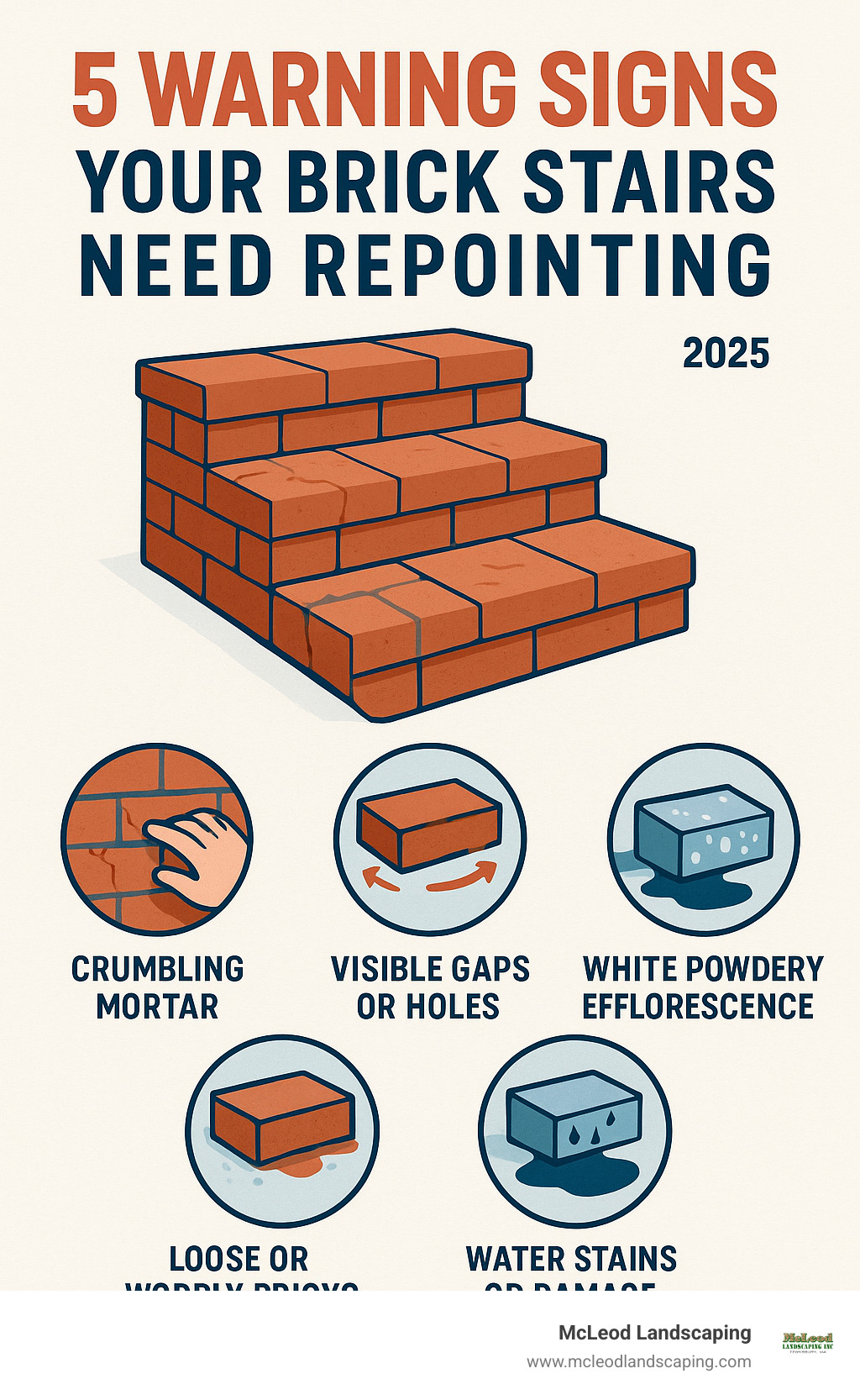 Infographic showing the 5 key warning signs that brick stairs need repointing: crumbling mortar that can be scratched away, visible gaps or holes in joints, loose or wobbly bricks, white powdery efflorescence on brick surfaces, and water stains or damage around step areas - how to repoint brick stairs infographic 