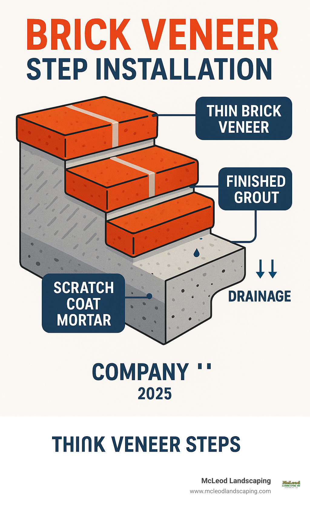 Cross-section diagram showing layers of a brick veneer step installation including concrete base foundation, scratch coat mortar layer, thin brick veneer pieces, and finished grout lines with proper drainage considerations - brick veneer steps infographic 