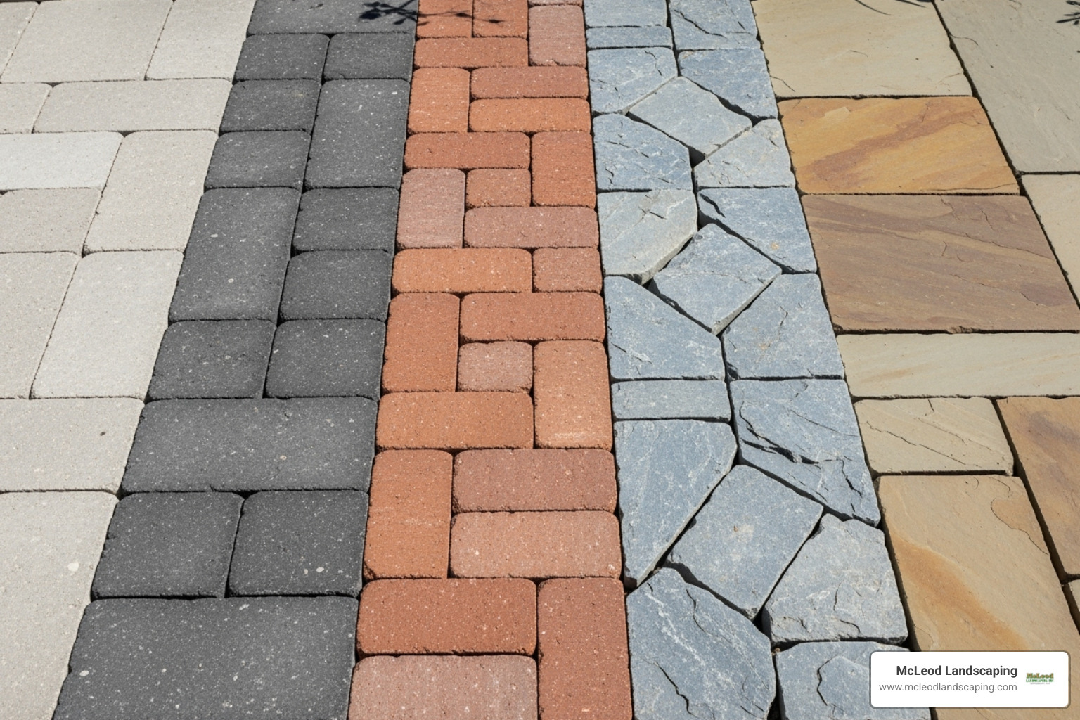 display of different paver materials like concrete, brick, and natural stone - backyard paver walkway