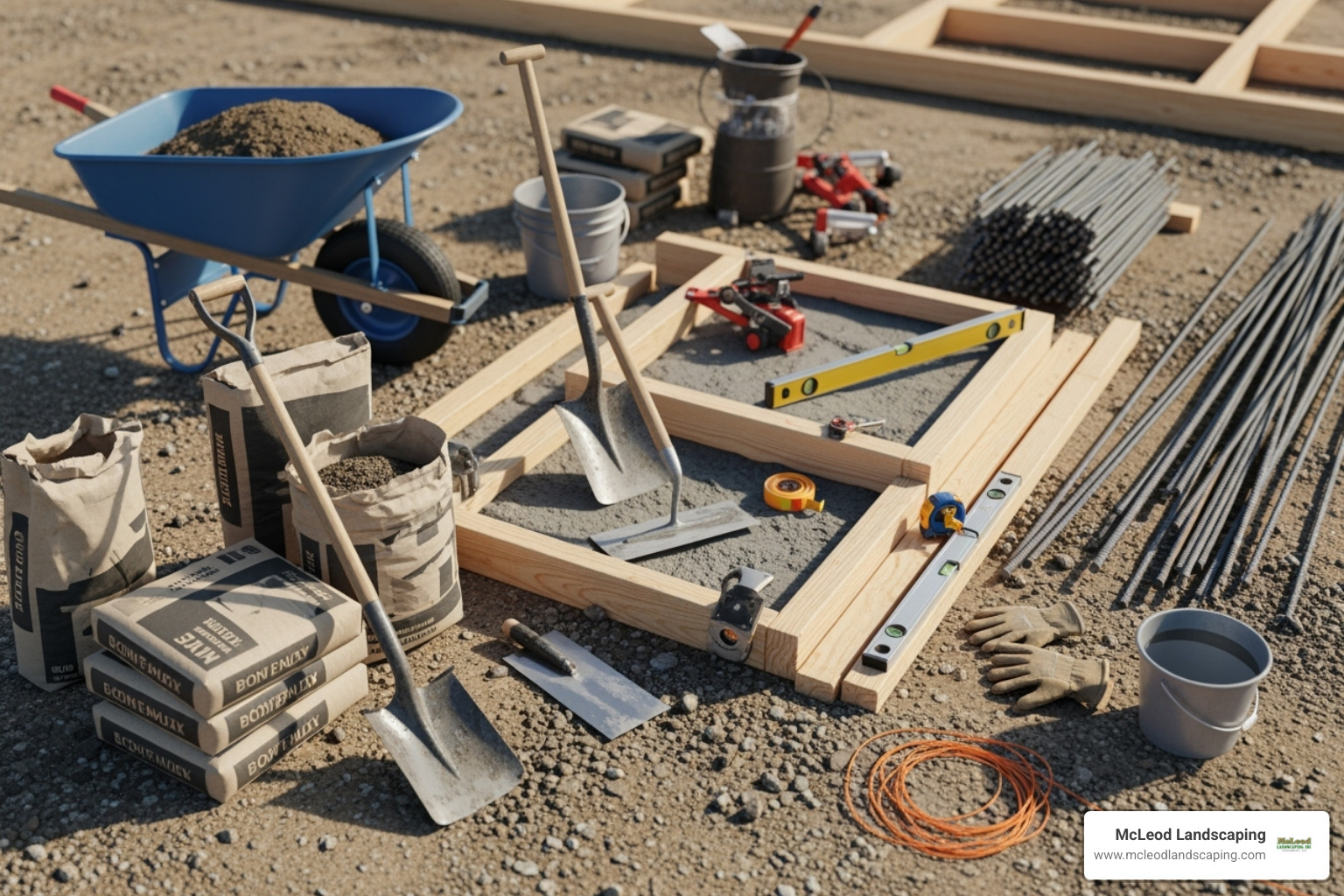 Tools and materials laid out for concrete step project - backyard concrete steps