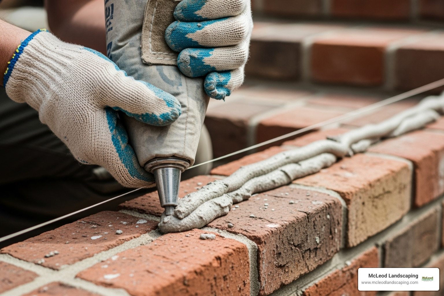 filling joints with grout bag - brick over concrete steps