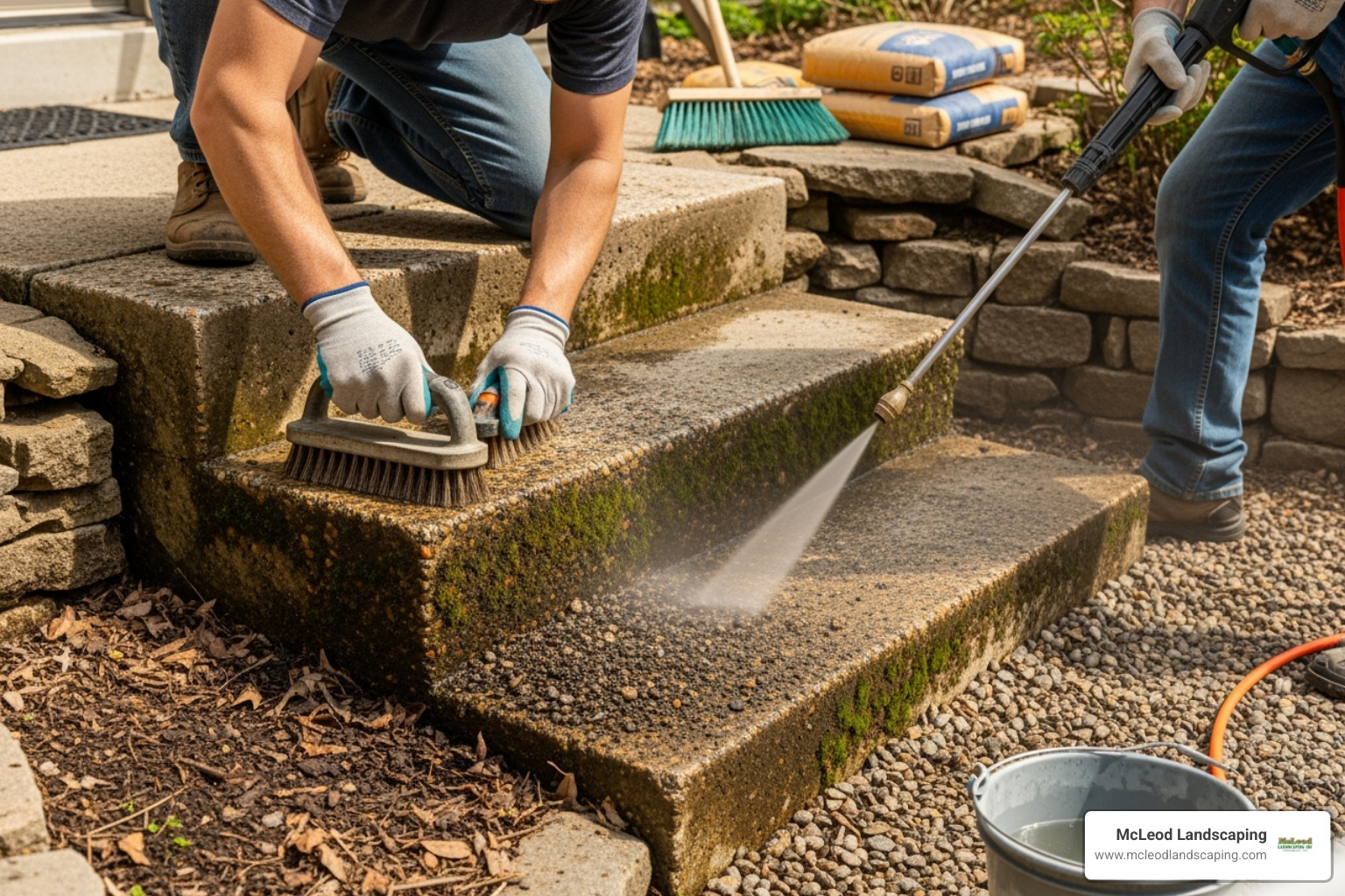 person preparing concrete surface - brick over concrete steps