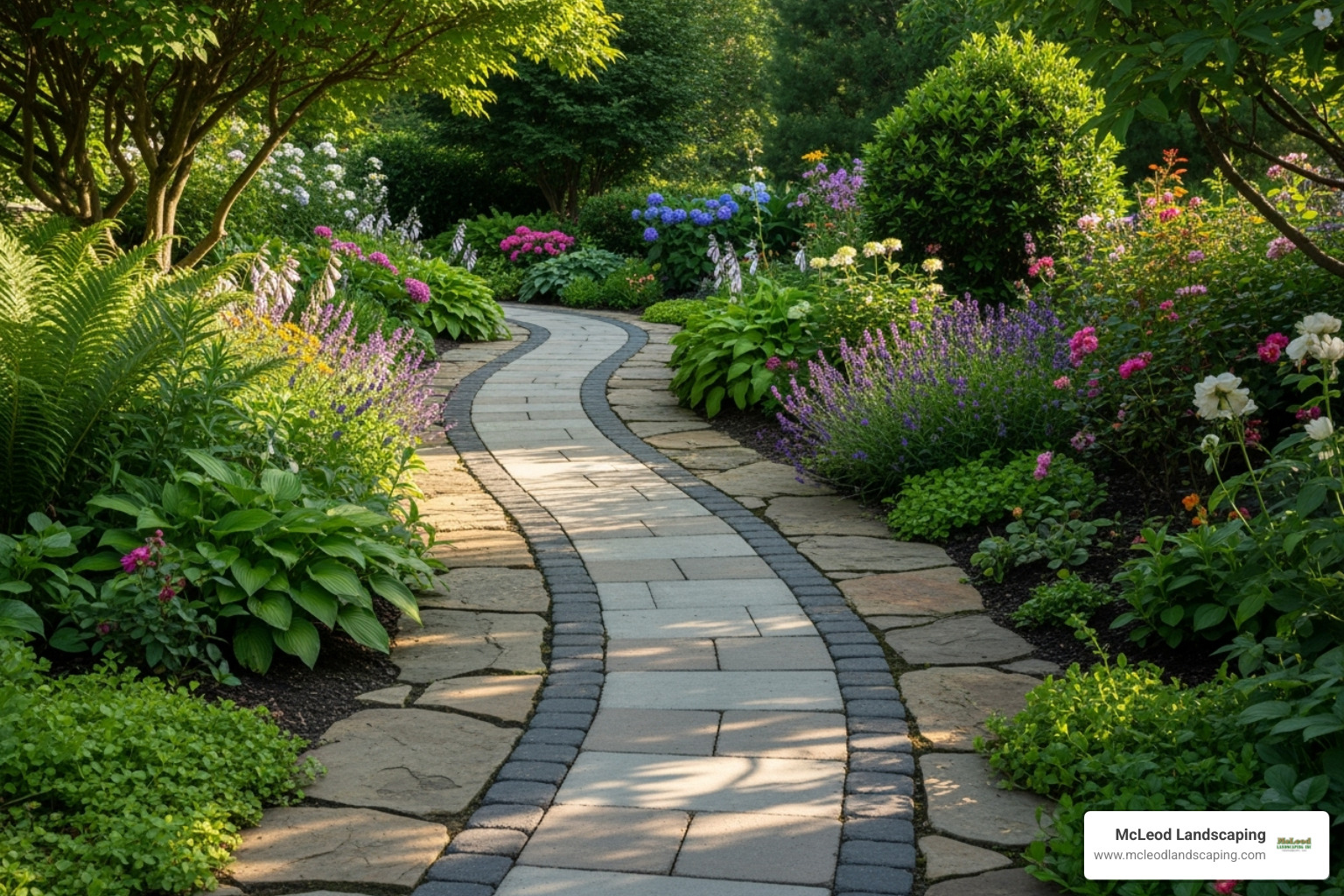 winding paver walkway through a garden - paver landscaping