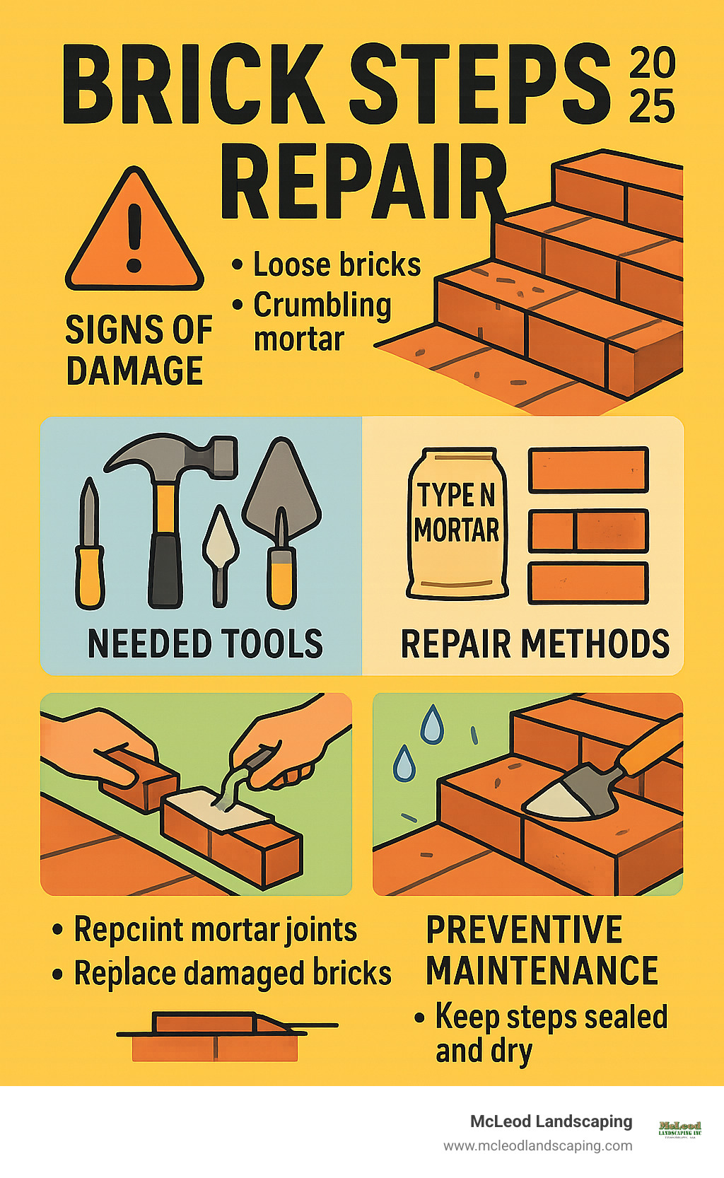 Infographic showing the step-by-step process of brick steps repair, including identifying damage signs like loose bricks and crumbling mortar, essential tools needed such as chisel and Type N mortar, repair methods including repointing mortar joints and replacing damaged bricks, and preventive maintenance tips for long-lasting results - brick steps repair infographic 